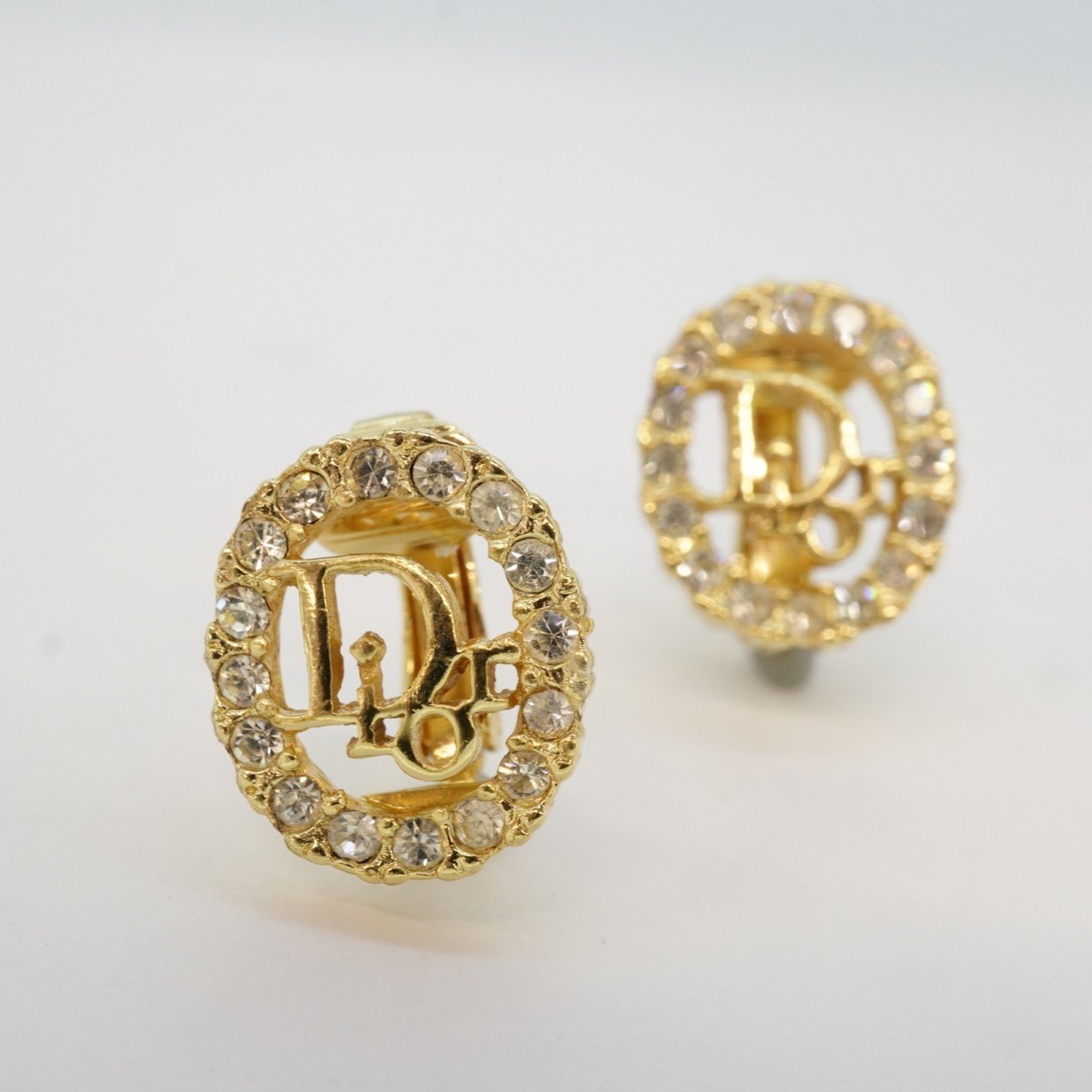 Christian Dior Earrings Oval Rhinestone GP Plated Gold Ladies