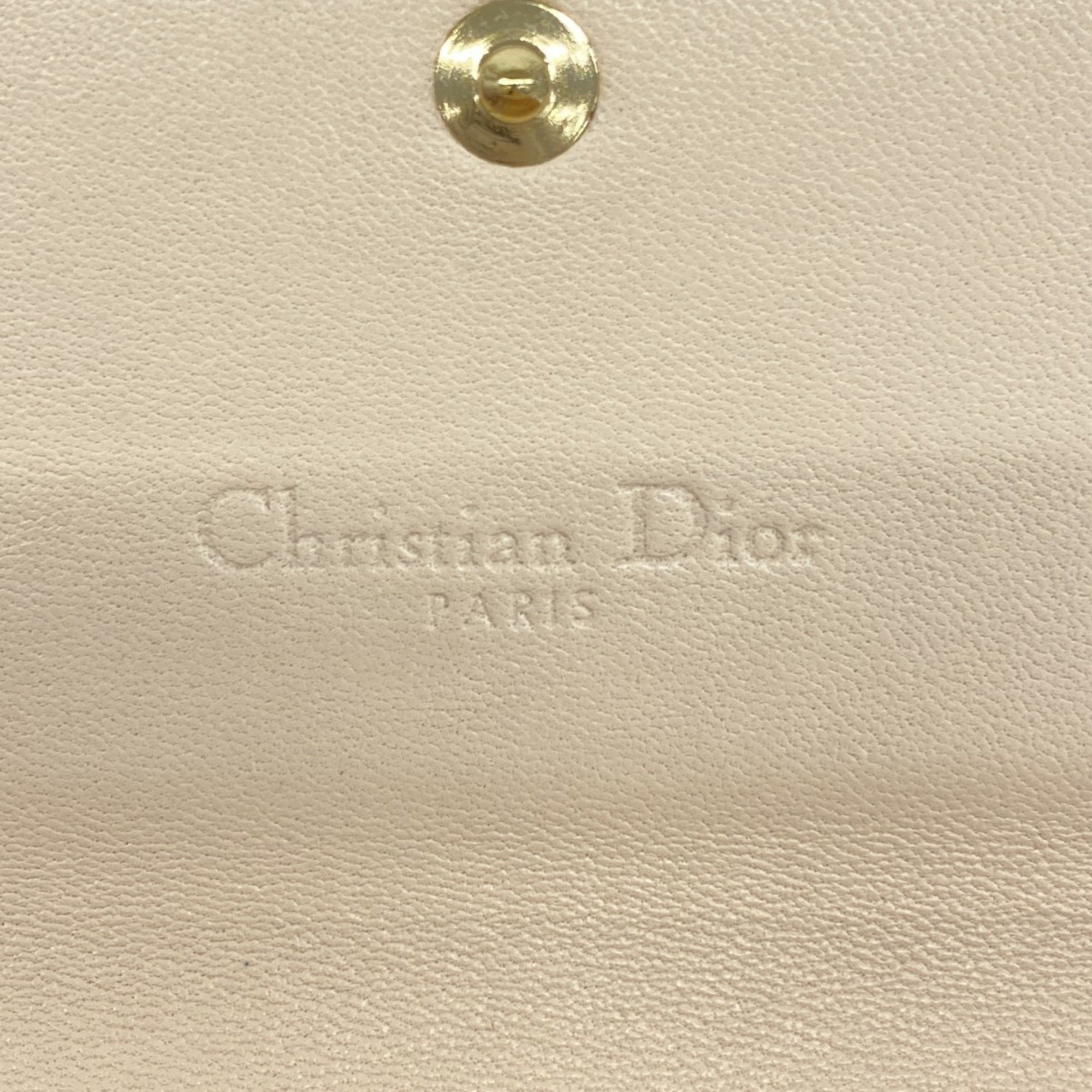 Christian Dior Shoulder Wallet Cannage Leather Pink Champagne Women's