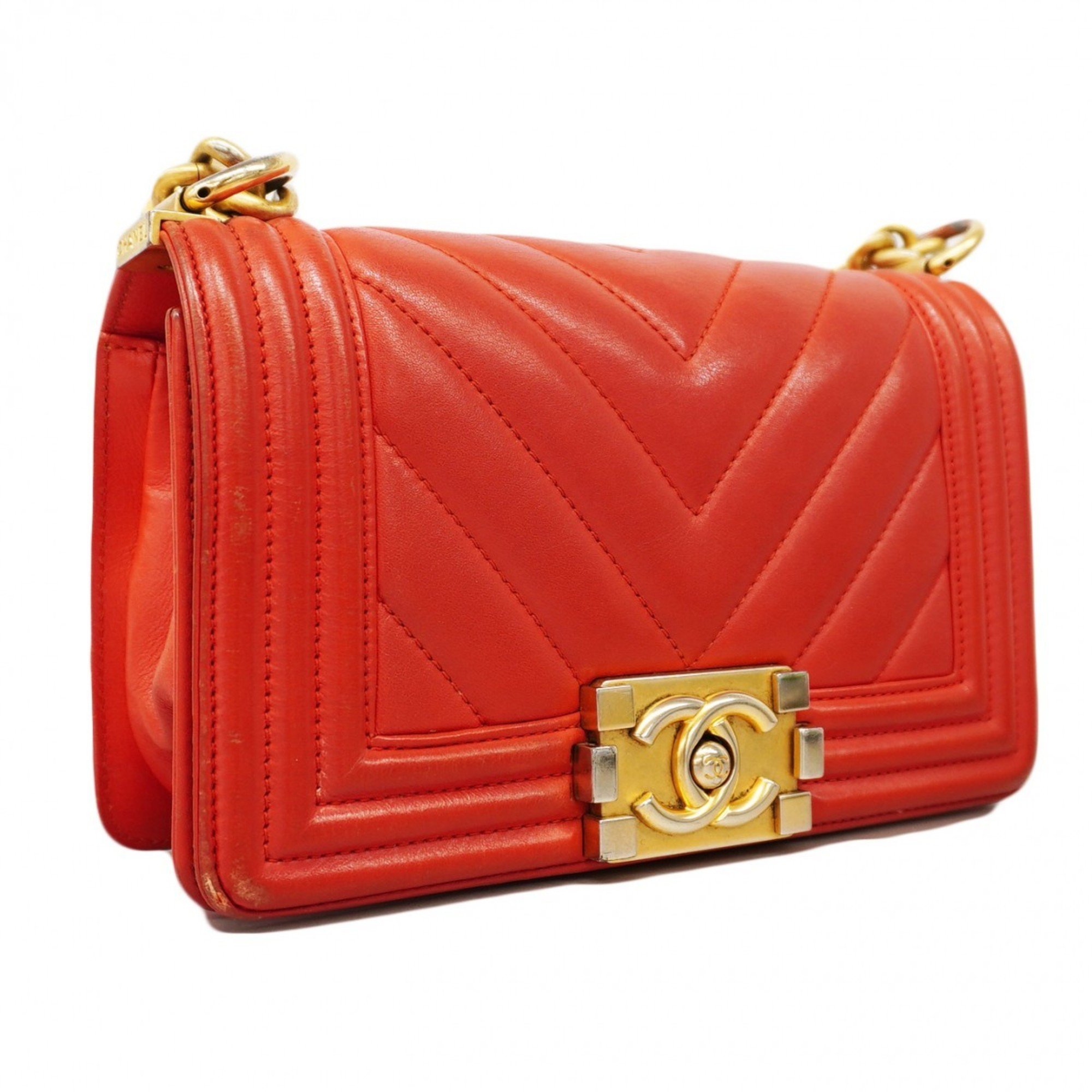 Chanel Shoulder Bag Boy V Stitch Lambskin Red Women's