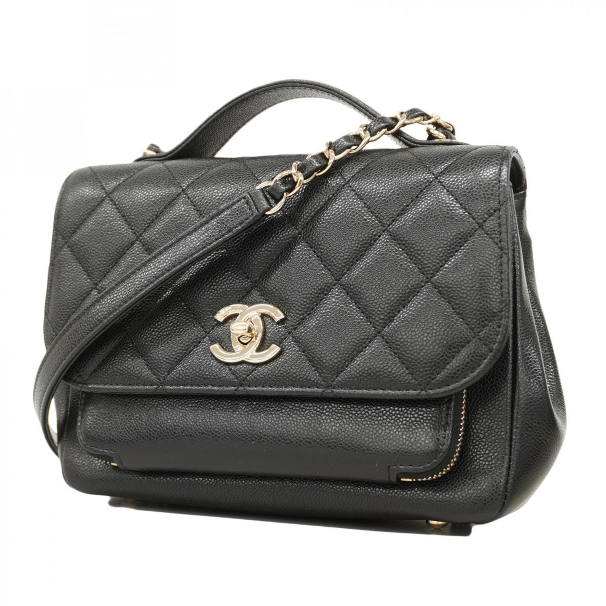 Chanel Shoulder Bag Matelasse Caviar Skin Black Champagne Ladies