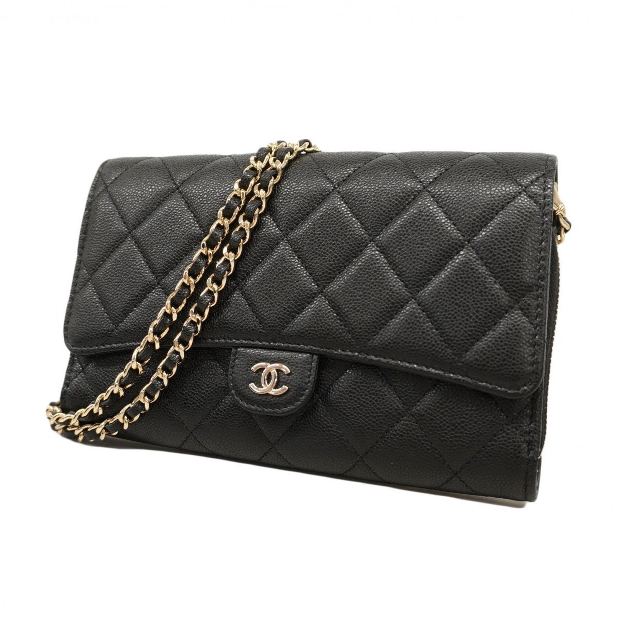 Chanel Shoulder Wallet Matelasse Caviar Skin Black Champagne Ladies