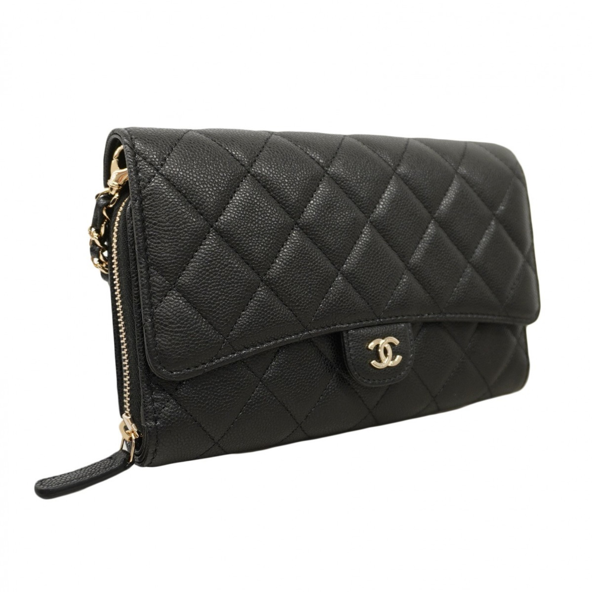 Chanel Shoulder Wallet Matelasse Caviar Skin Black Champagne Ladies