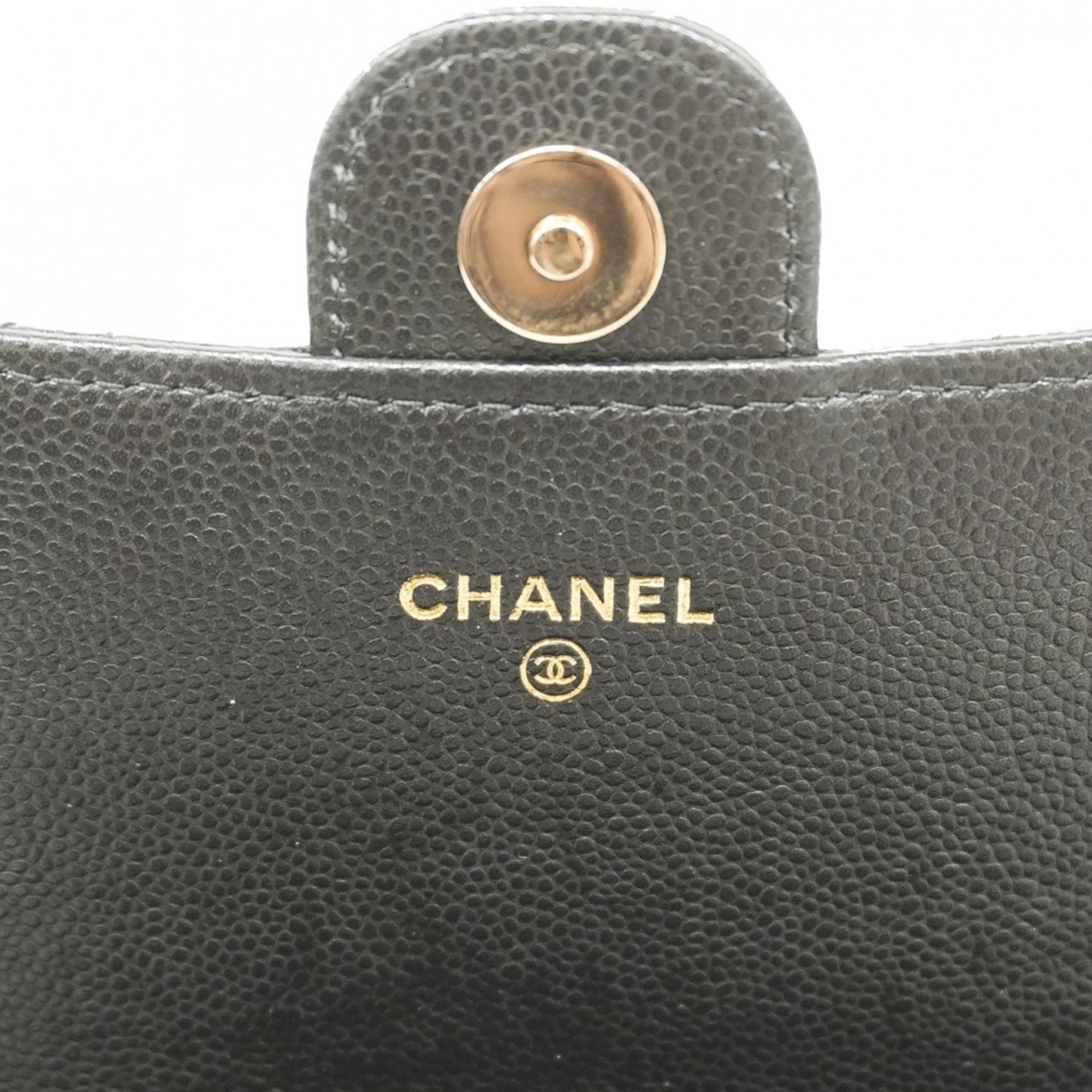 Chanel Shoulder Wallet Matelasse Caviar Skin Black Champagne Ladies