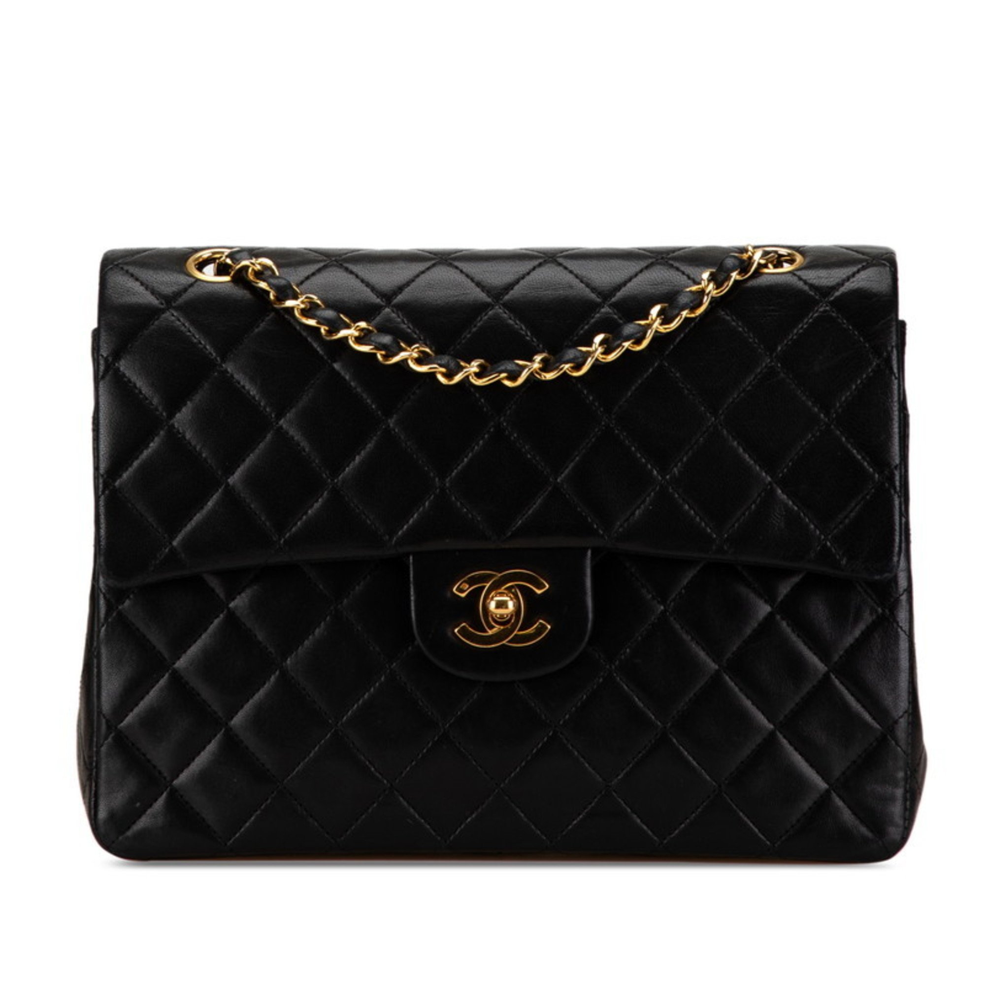 Chanel Matelasse 25 Double Flap Coco Mark Chain Shoulder Bag Black Lambskin Women's CHANEL