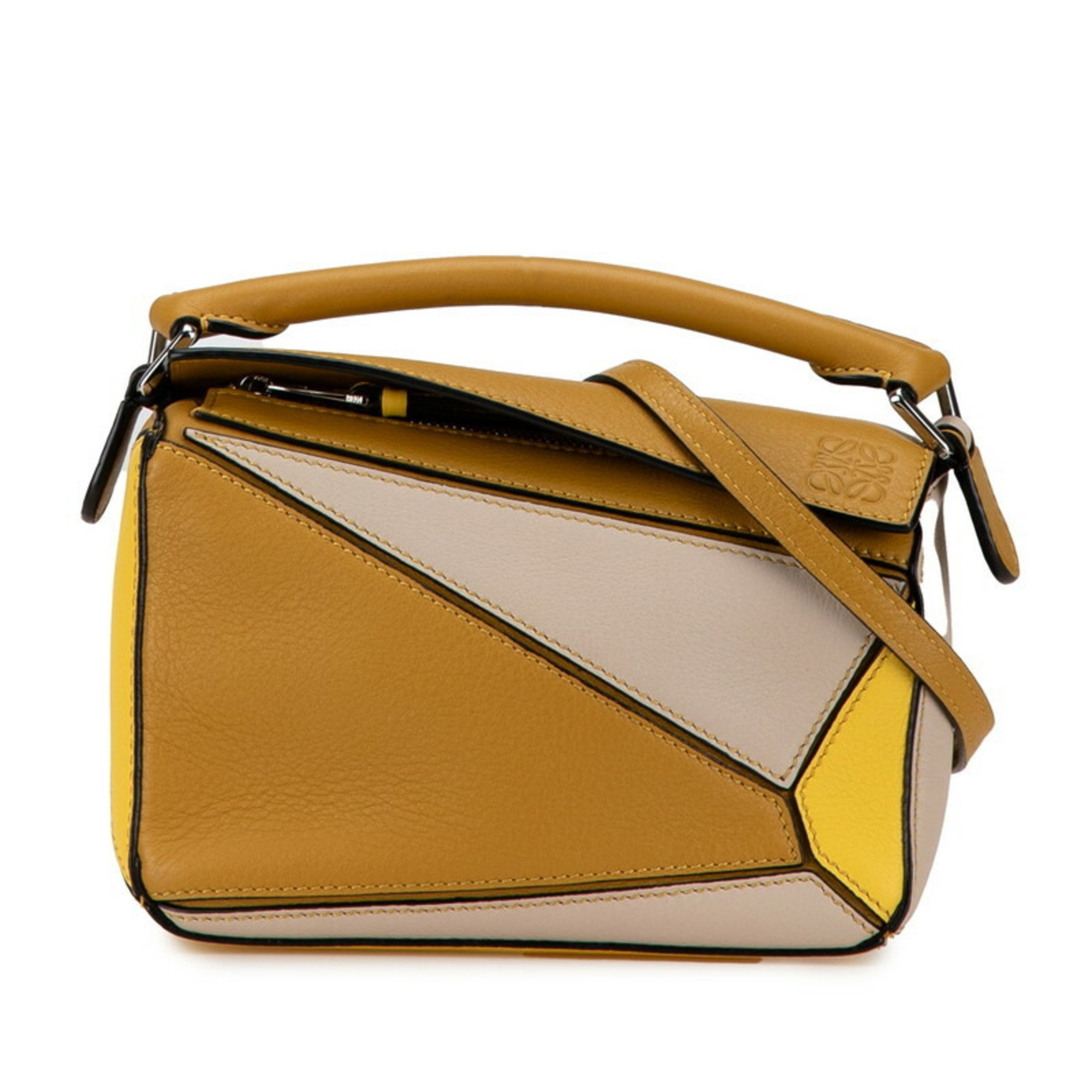 LOEWE Anagram Puzzle Bag Handbag Shoulder Yellow White Leather Women's