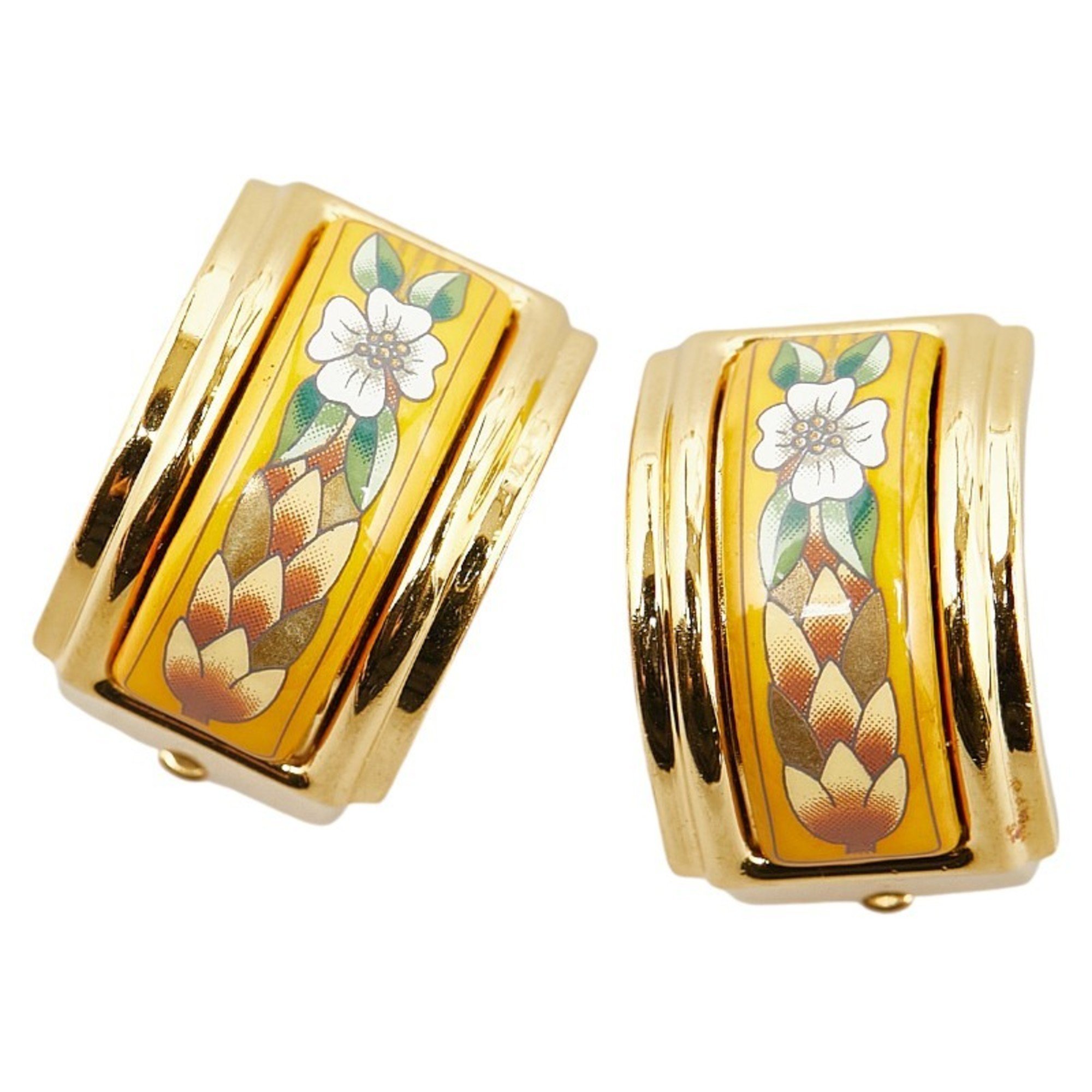 Hermes enamel cloisonné flower motif earrings gold white multicolor plated women's HERMES