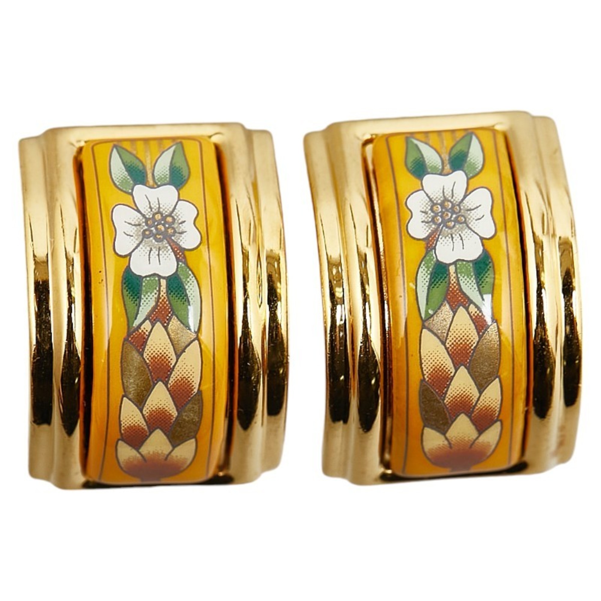 Hermes enamel cloisonné flower motif earrings gold white multicolor plated women's HERMES