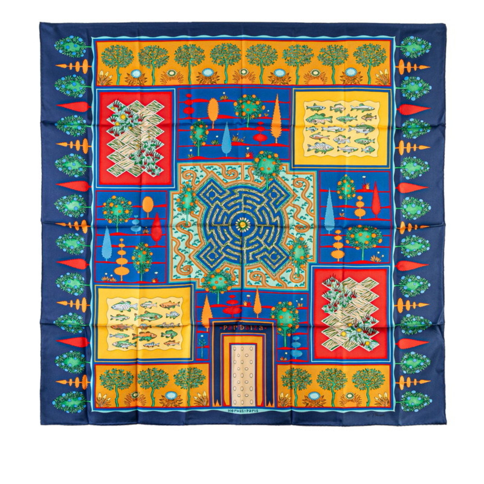 Hermes Carre 90 Paridaiza Paradise Scarf Muffler Blue Yellow Multicolor Silk Women's HERMES