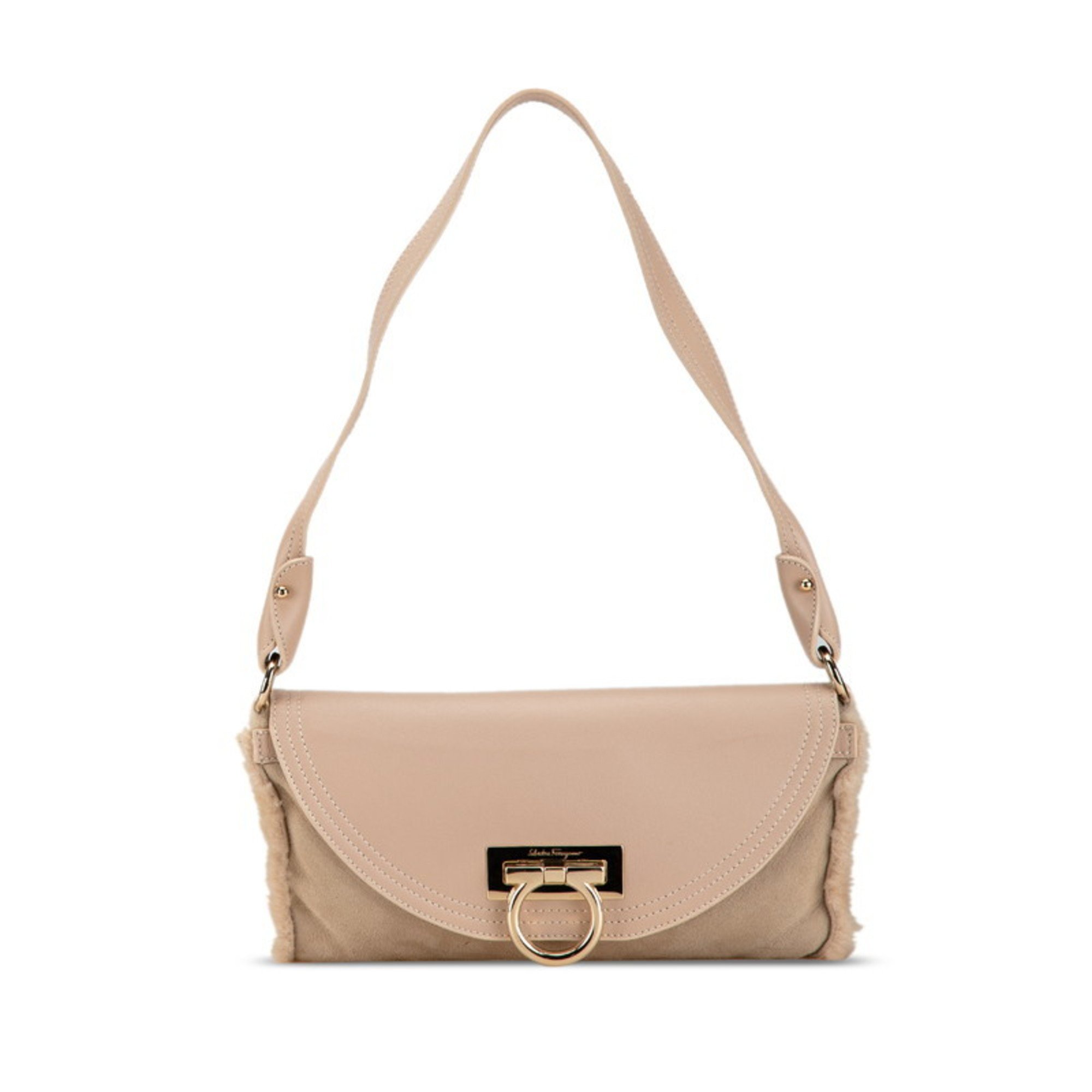 Salvatore Ferragamo Gancini Bag EZ-21 4887 Beige Pink Leather Mouton Women's