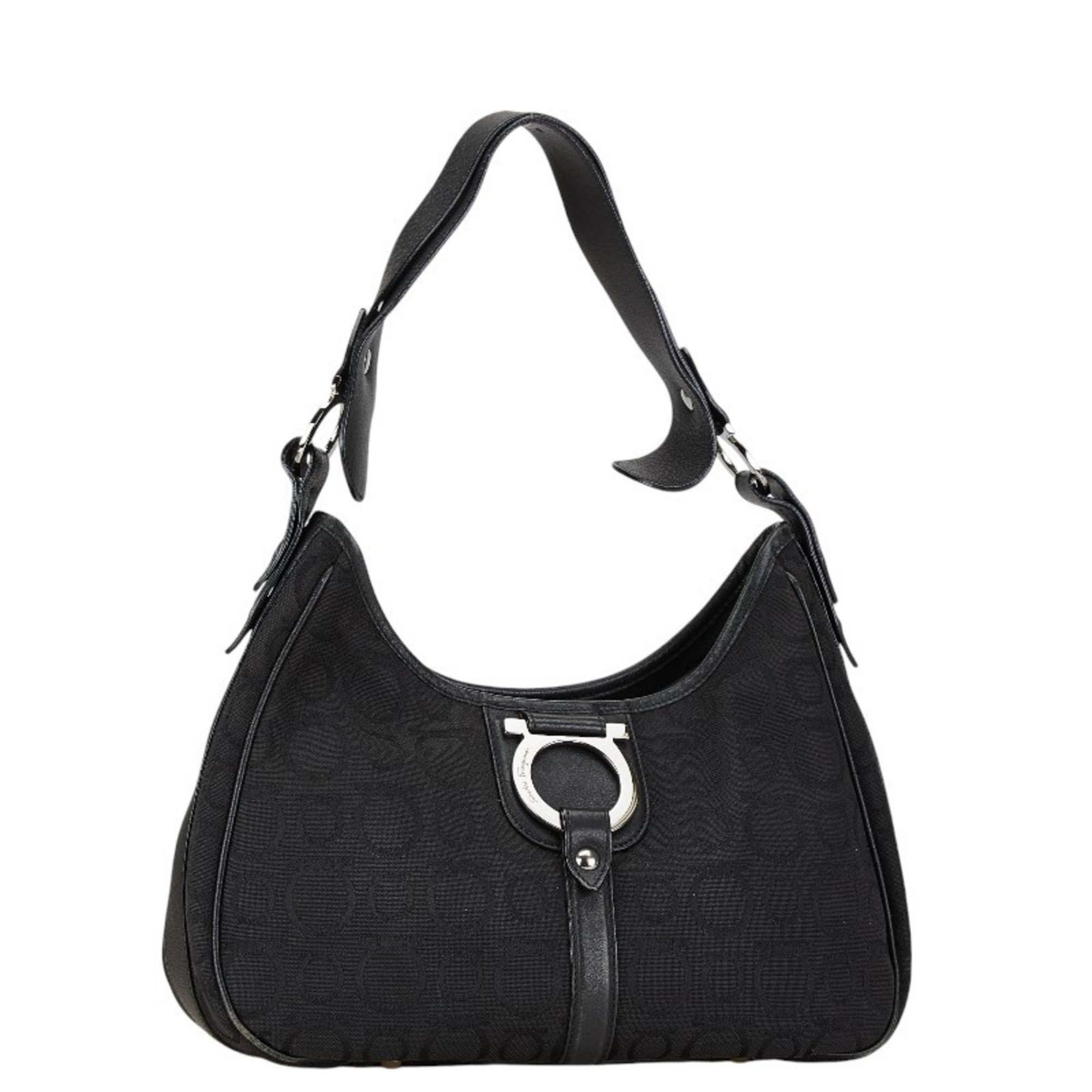 Salvatore Ferragamo Gancini Bag Handbag Black Canvas Leather Women's