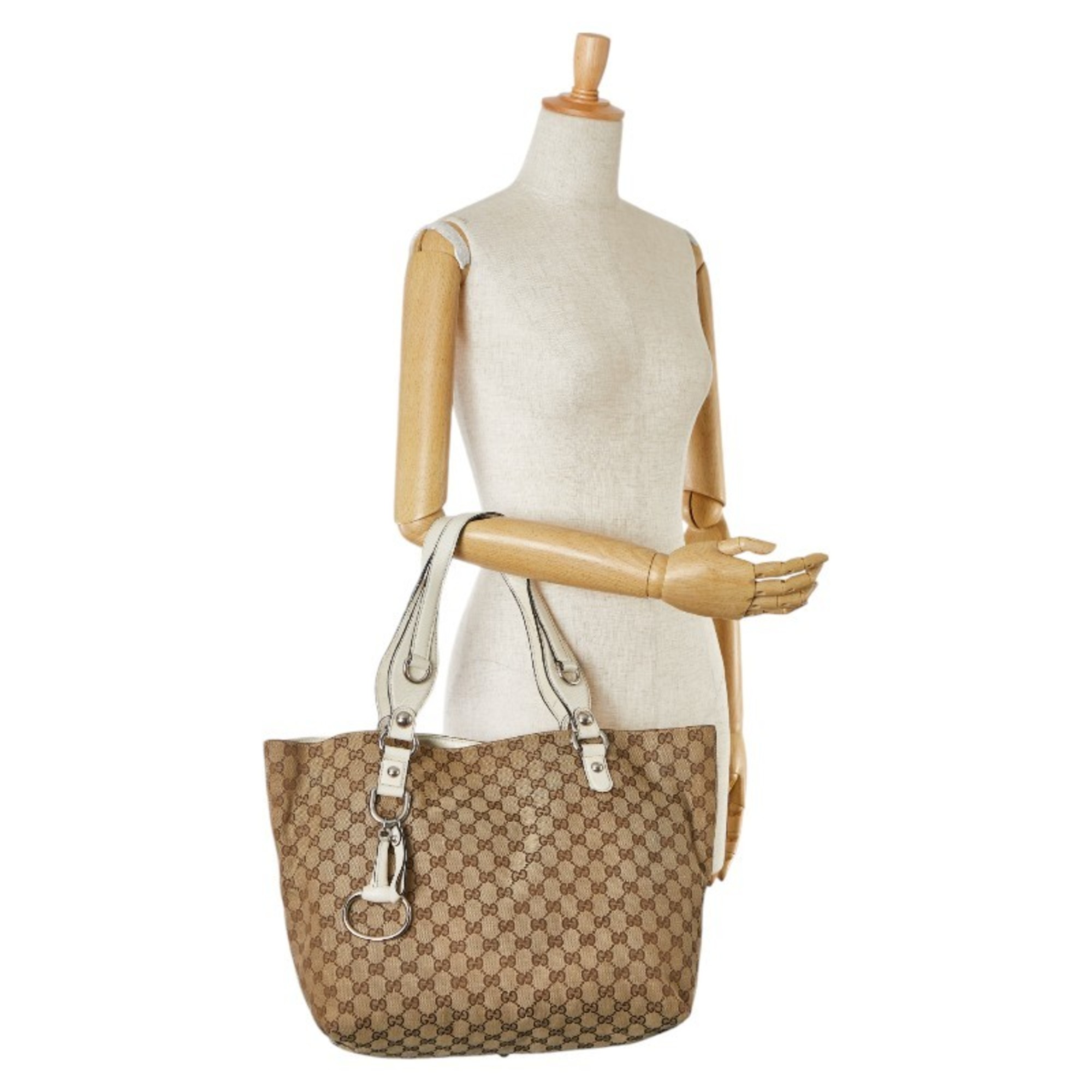 Gucci GG Canvas Horsebit Tote Bag 229852 Beige White Leather Women's GUCCI