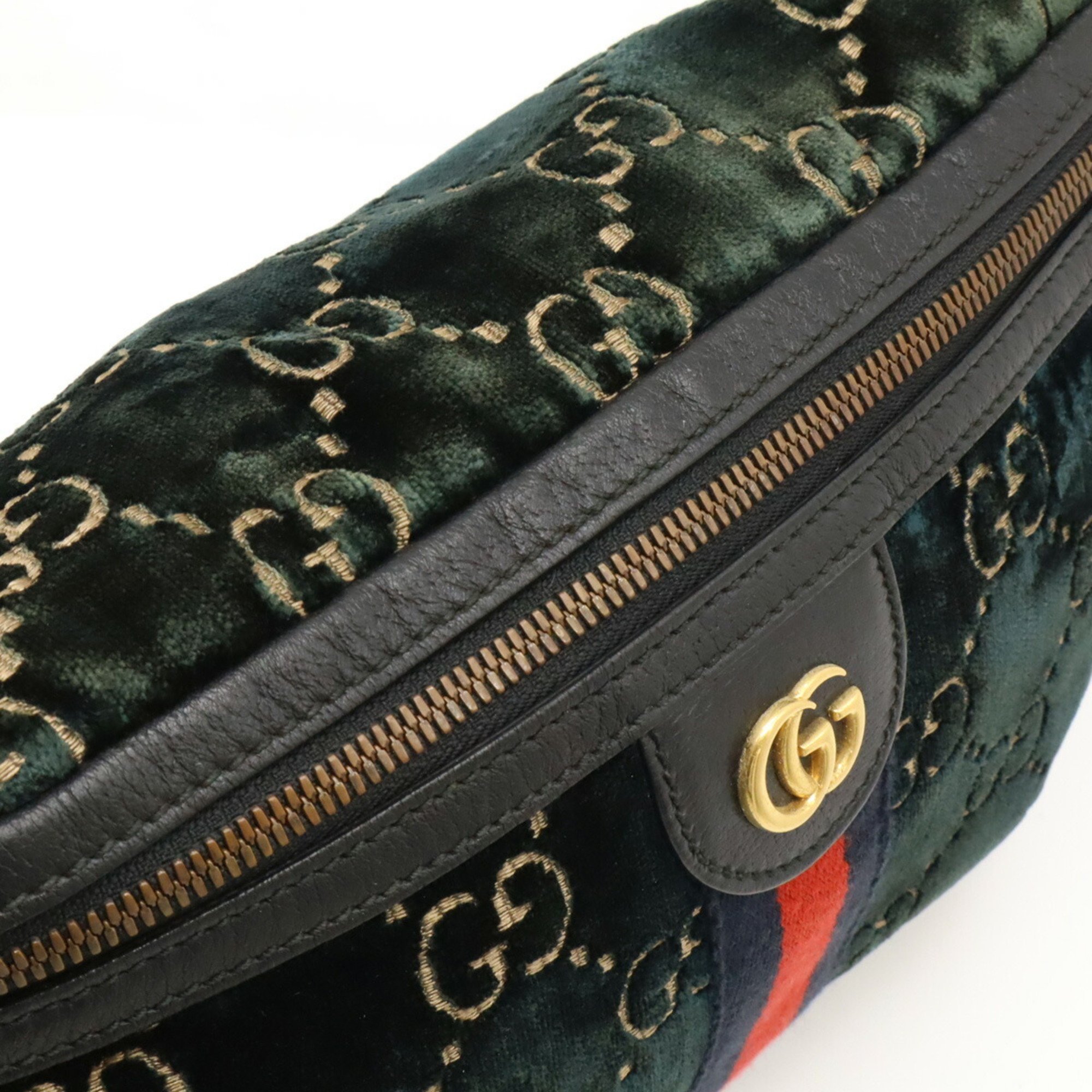 GUCCI GG Velvet Sherry Line Belt Bag Body Waist Pouch Leather Green 574968