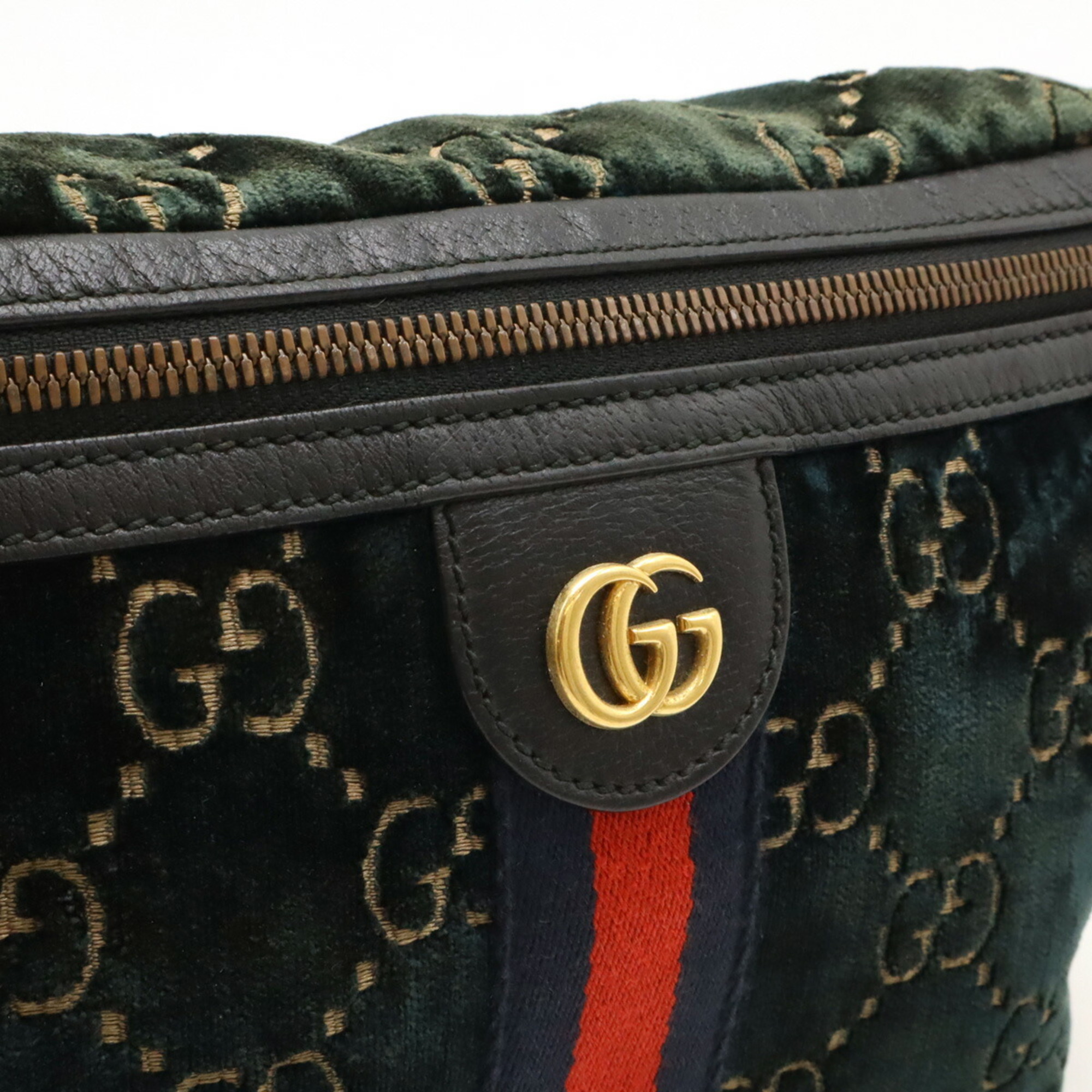 GUCCI GG Velvet Sherry Line Belt Bag Body Waist Pouch Leather Green 574968