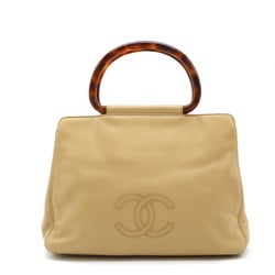 CHANEL Coco Mark Handbag Plastic Handle Leather Beige Brown Marble