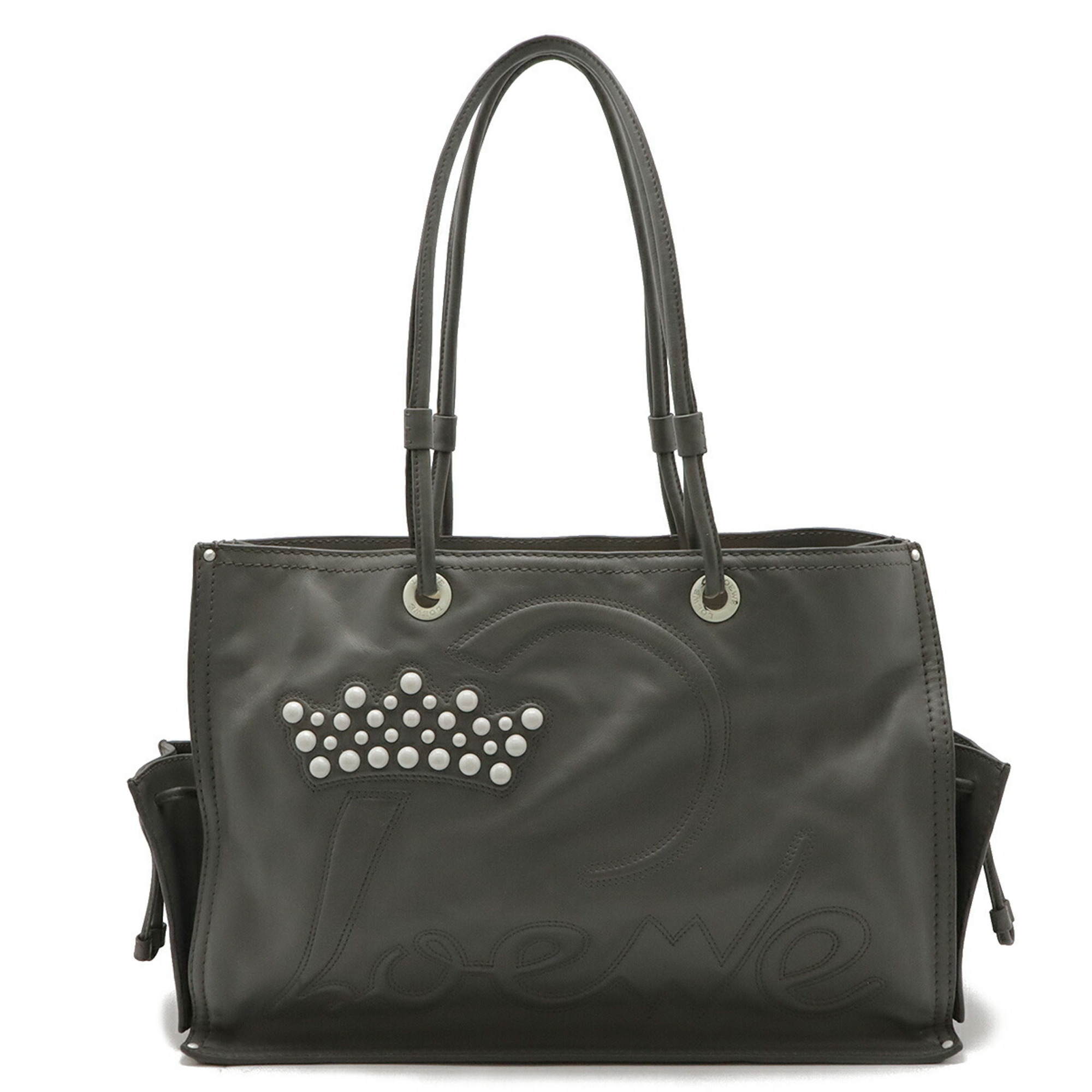 LOEWE Shopper Tote Bag Shoulder Crown Studs Leather Grey