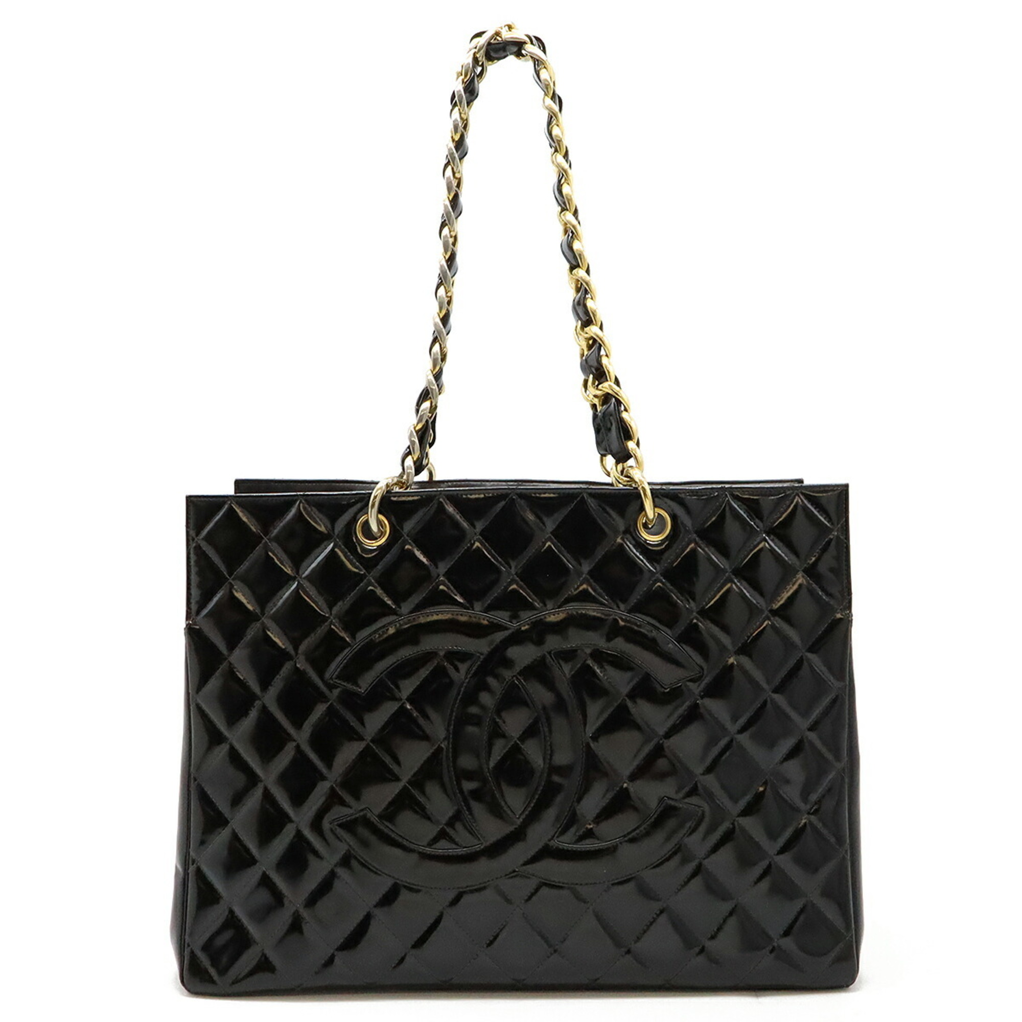 CHANEL Chanel Matelasse Coco Mark Chain Tote Bag Shoulder Patent Leather Enamel Black