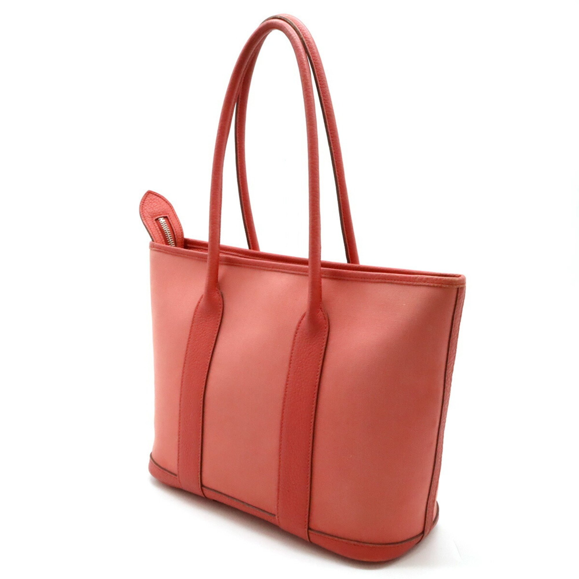 HERMES Garden Zip PM Tote Bag Shoulder Toile Officier Leather Coral Pink □M Engraved