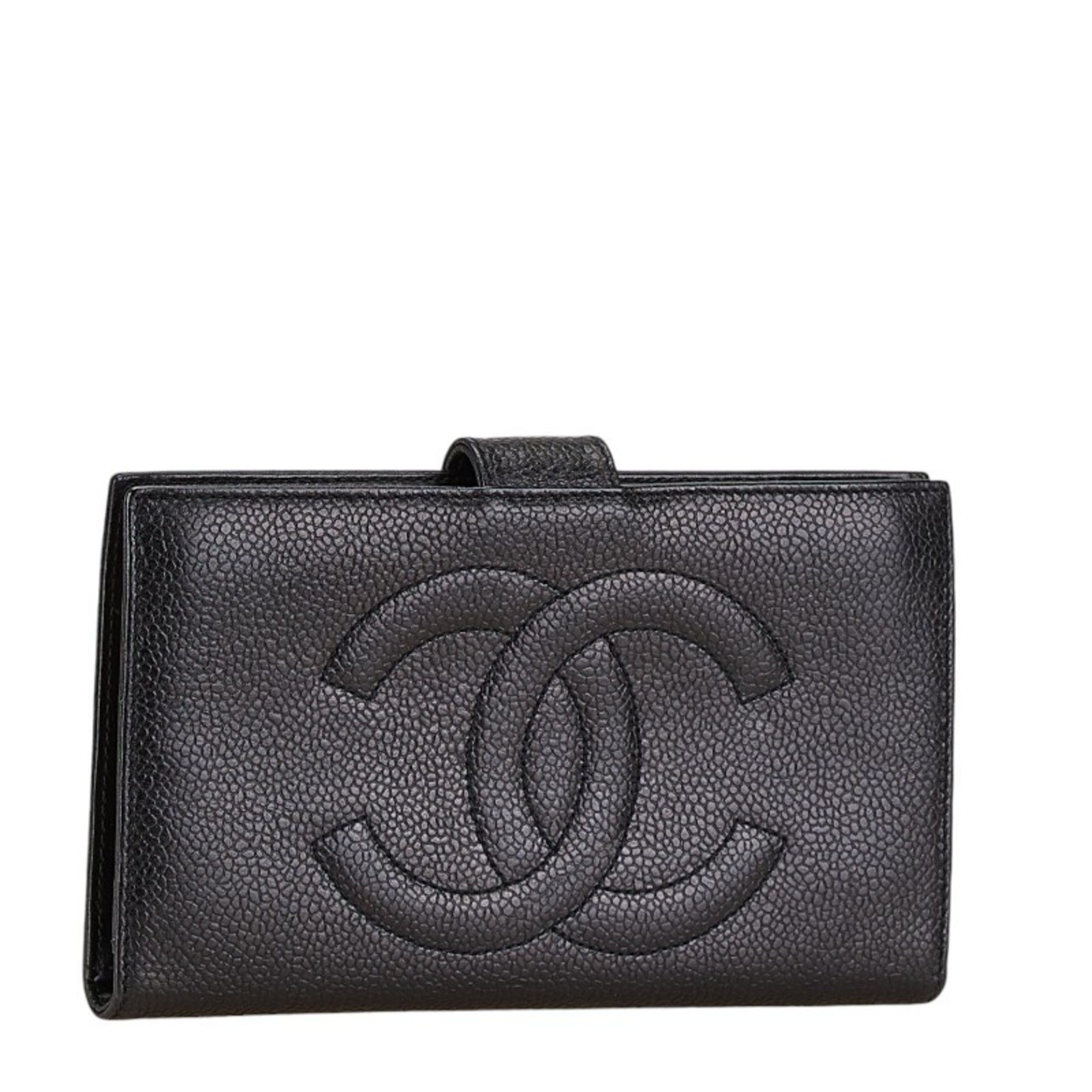 CHANEL Coco Mark Long Wallet Black Caviar Skin Women's