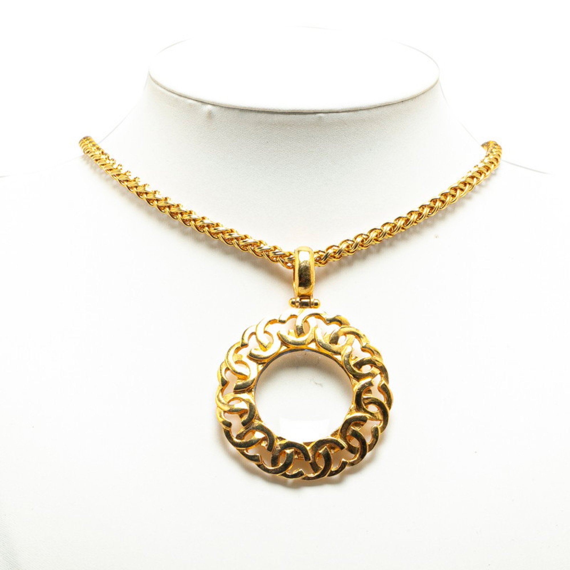 Chanel Coco Mark Circle Magnifying Glass Necklace Gold Plated Women's CHANEL