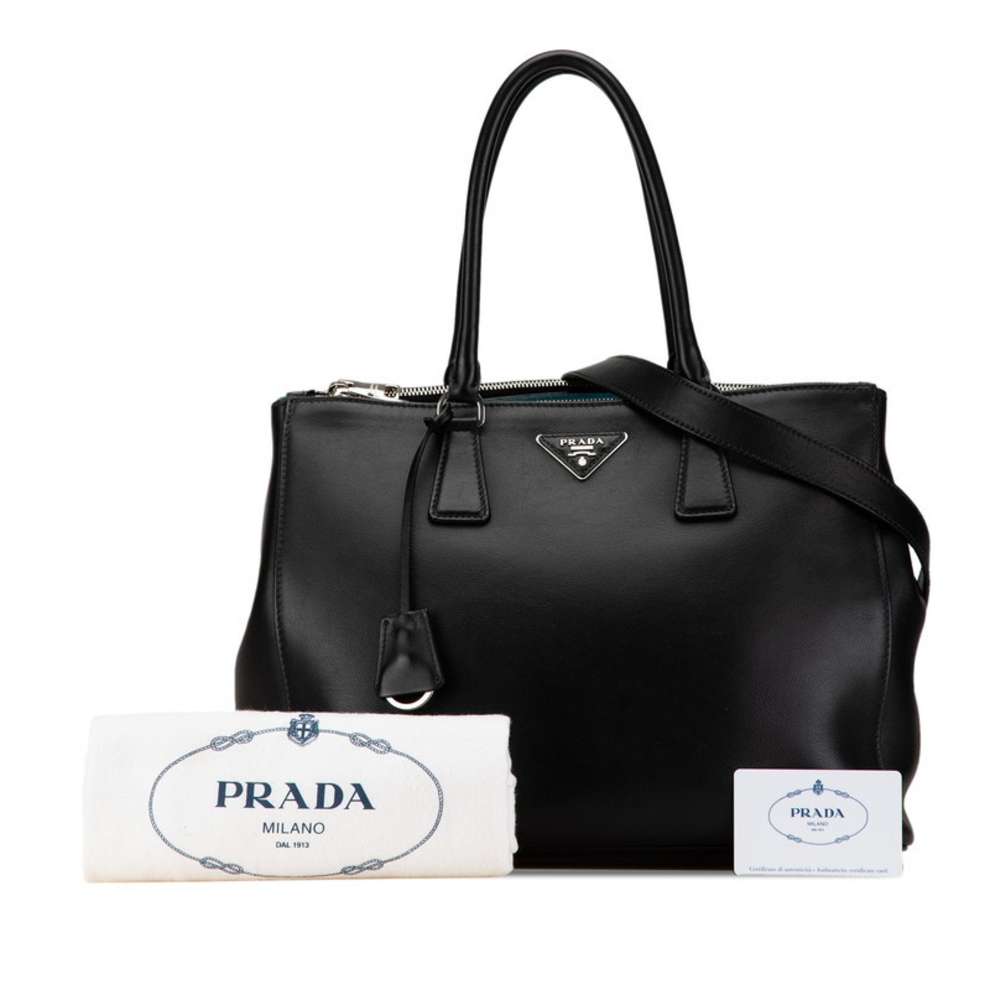 Prada Triangle Plate Galleria Large Handbag Shoulder Bag 1BA274 Black Leather Women's PRADA