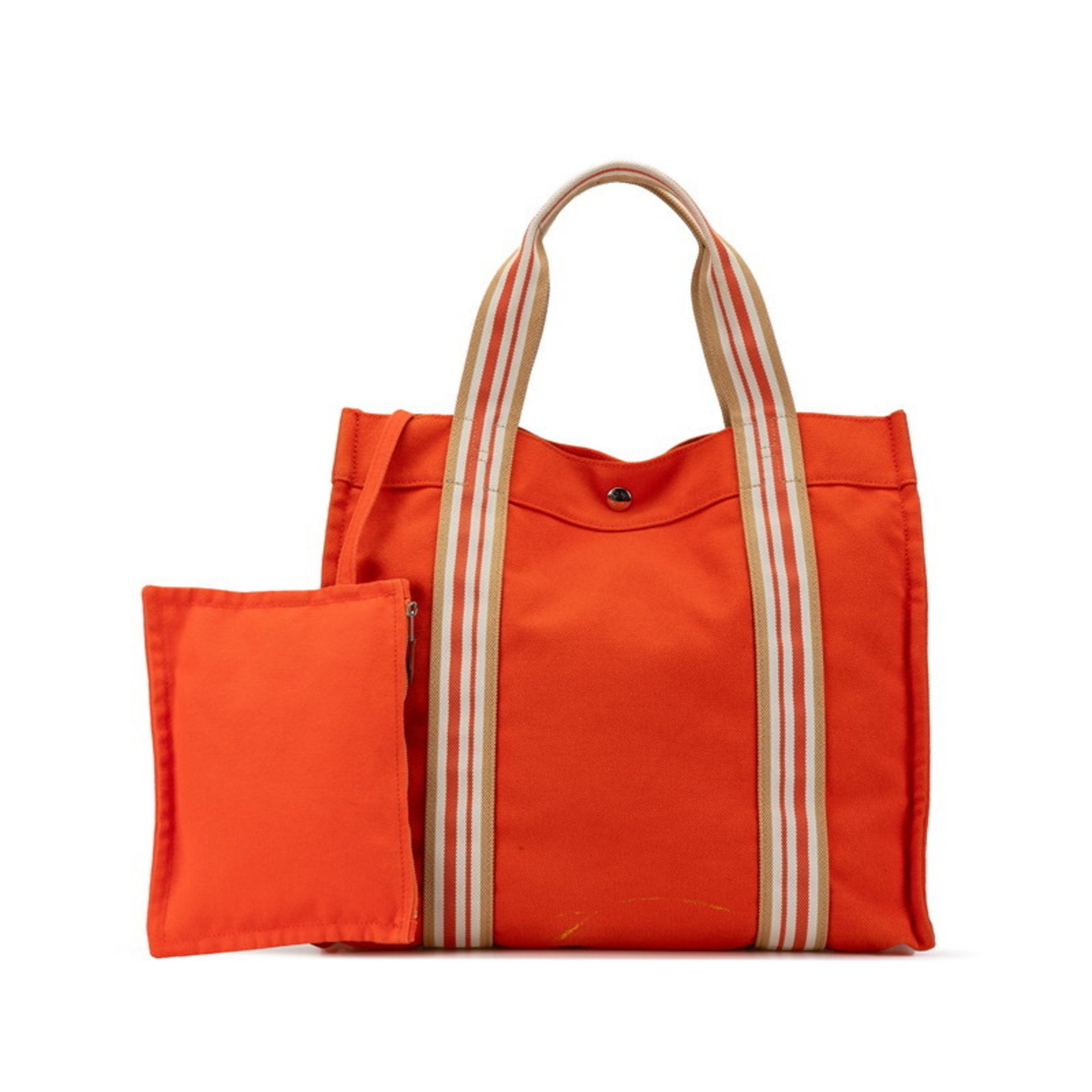 Hermes Sac de Plage Handbag Tote Bag Orange White Canvas Women's HERMES