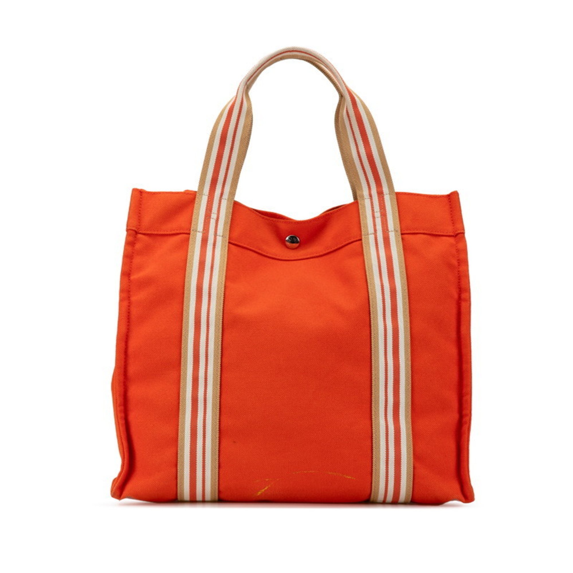 Hermes Sac de Plage Handbag Tote Bag Orange White Canvas Women's HERMES