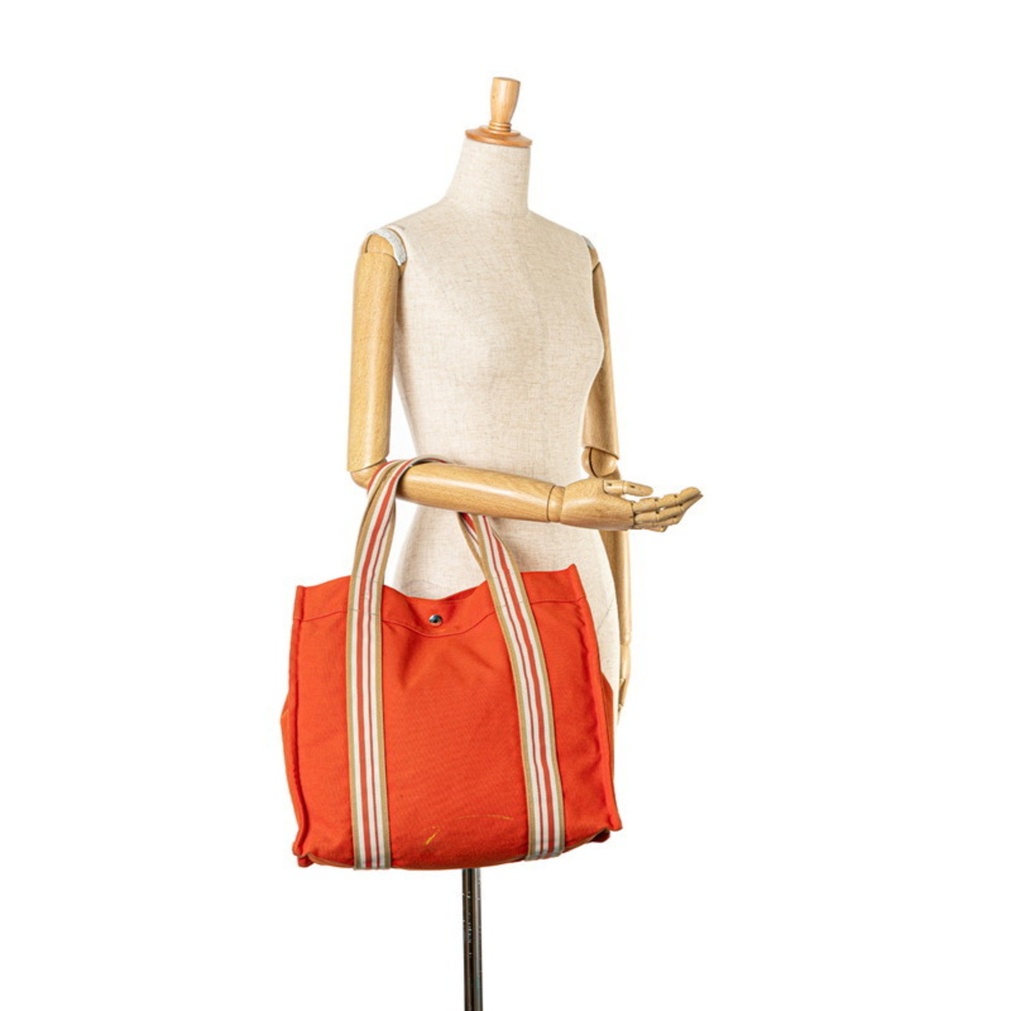 Hermes Sac de Plage Handbag Tote Bag Orange White Canvas Women's HERMES