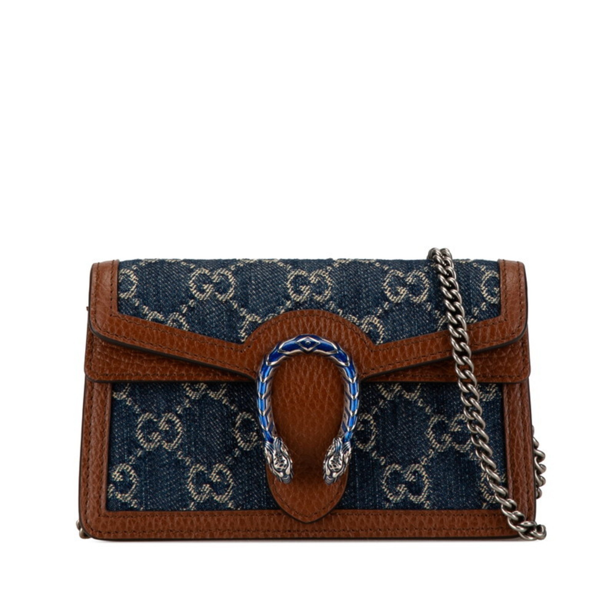 Gucci GG Denim Dionysus Chain Shoulder Bag 476432 Blue Brown Leather Women's GUCCI