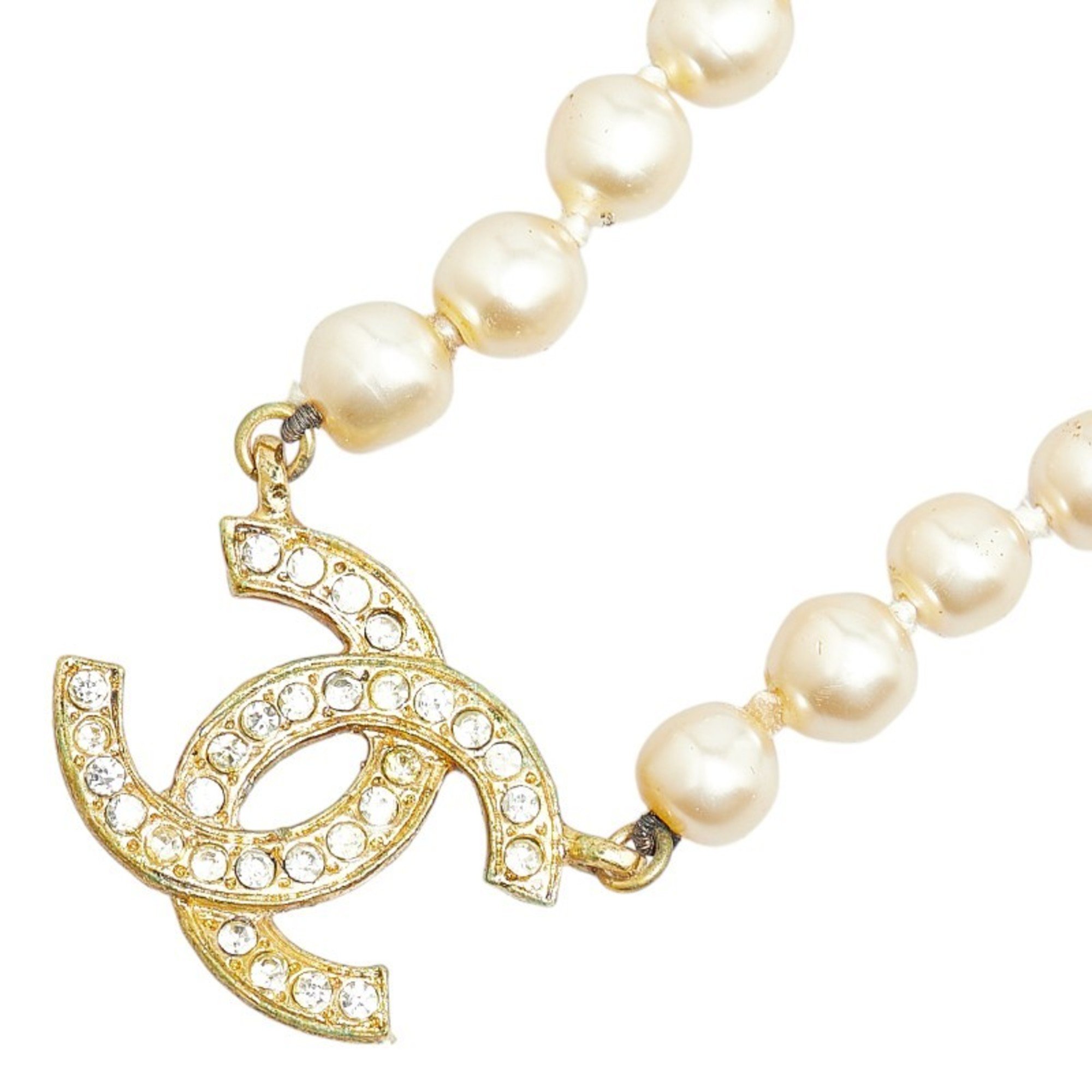 Chanel Coco Mark Rhinestone Necklace Gold Plated Faux Pearl Women's CHANEL