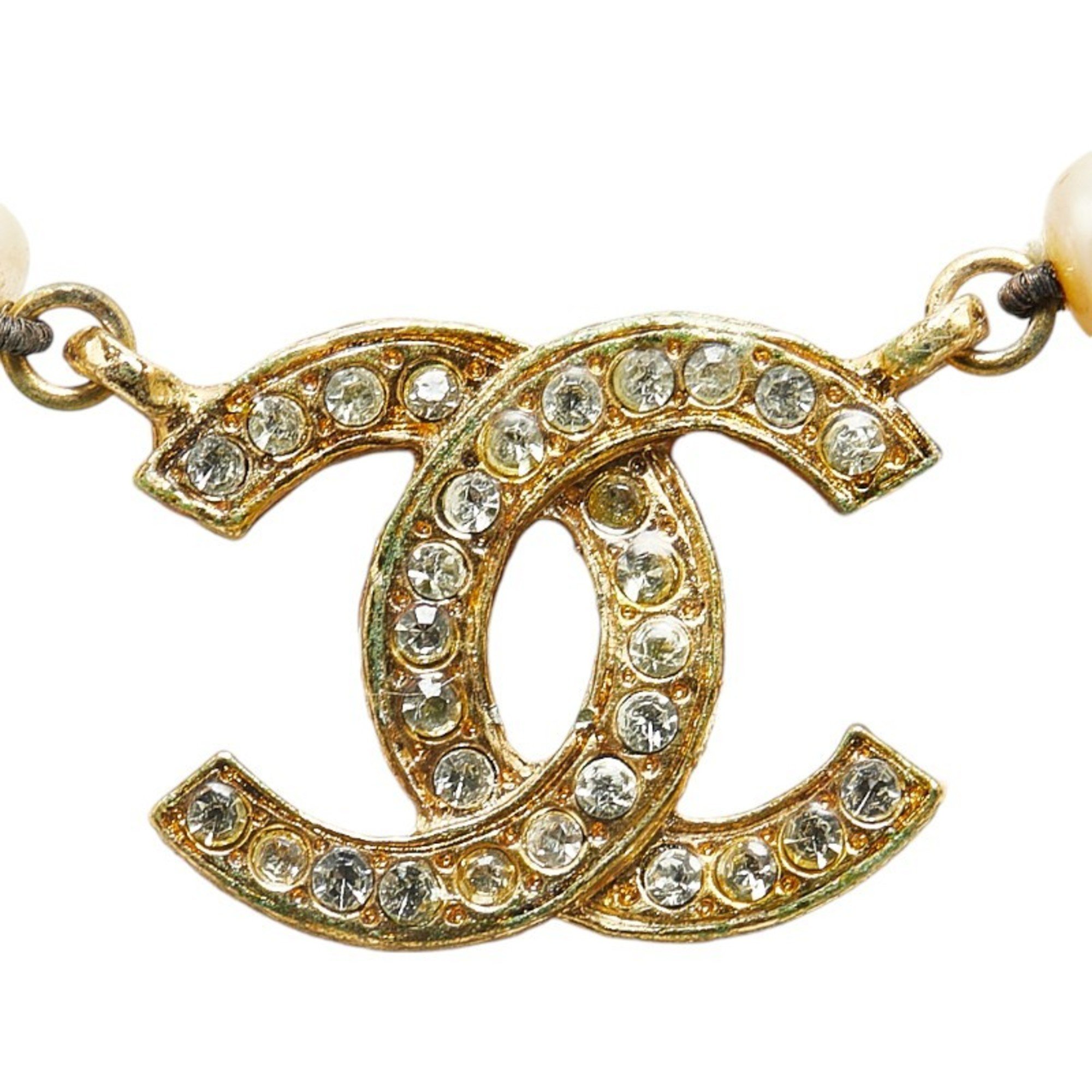 Chanel Coco Mark Rhinestone Necklace Gold Plated Faux Pearl Women's CHANEL