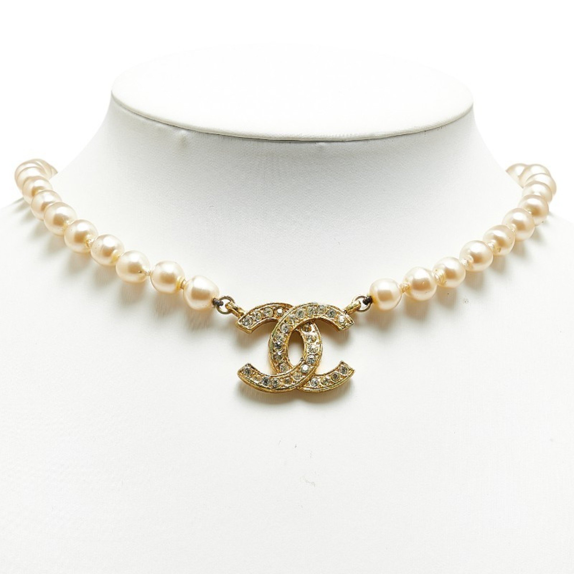 Chanel Coco Mark Rhinestone Necklace Gold Plated Faux Pearl Women's CHANEL