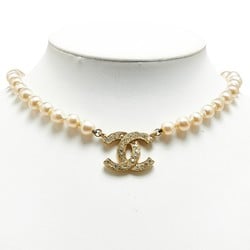 Chanel Coco Mark Rhinestone Necklace Gold Plated Faux Pearl Women's CHANEL