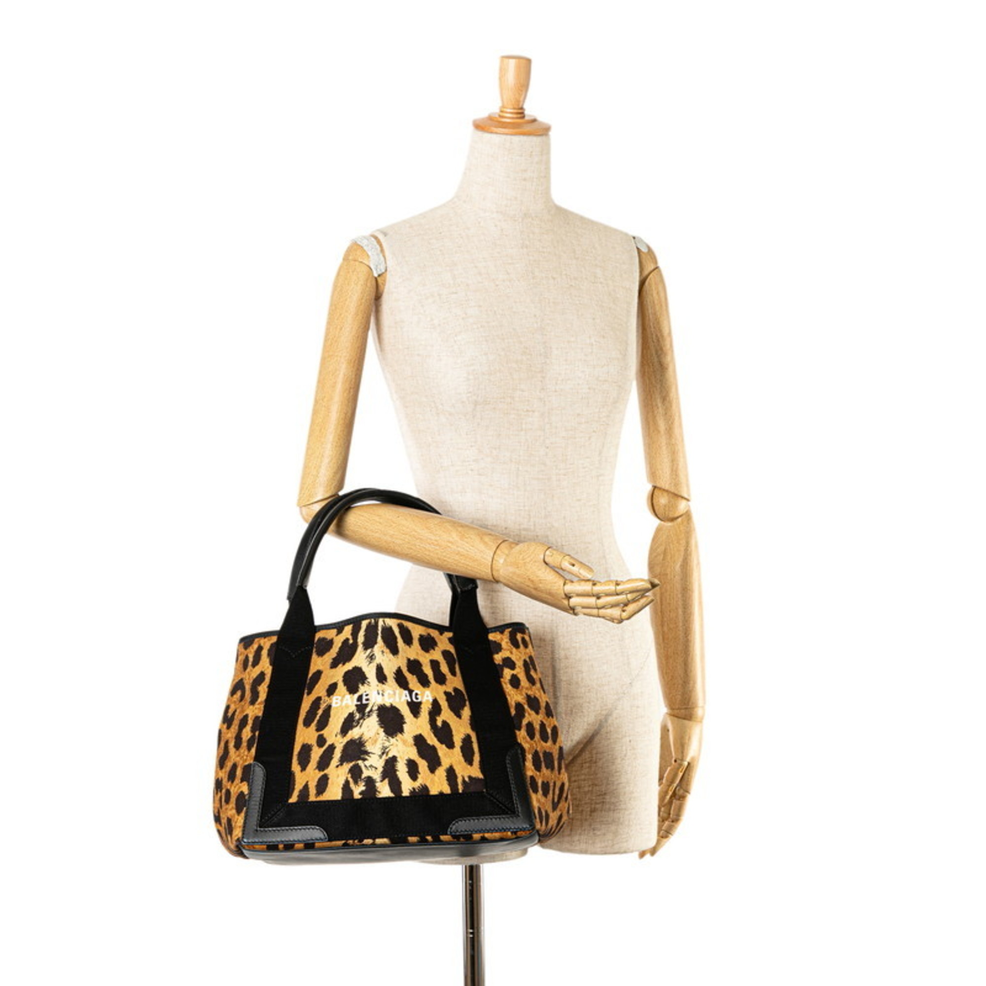 Balenciaga Navy Cabas S Leopard Handbag 339933 Brown Black Canvas Leather Women's BALENCIAGA