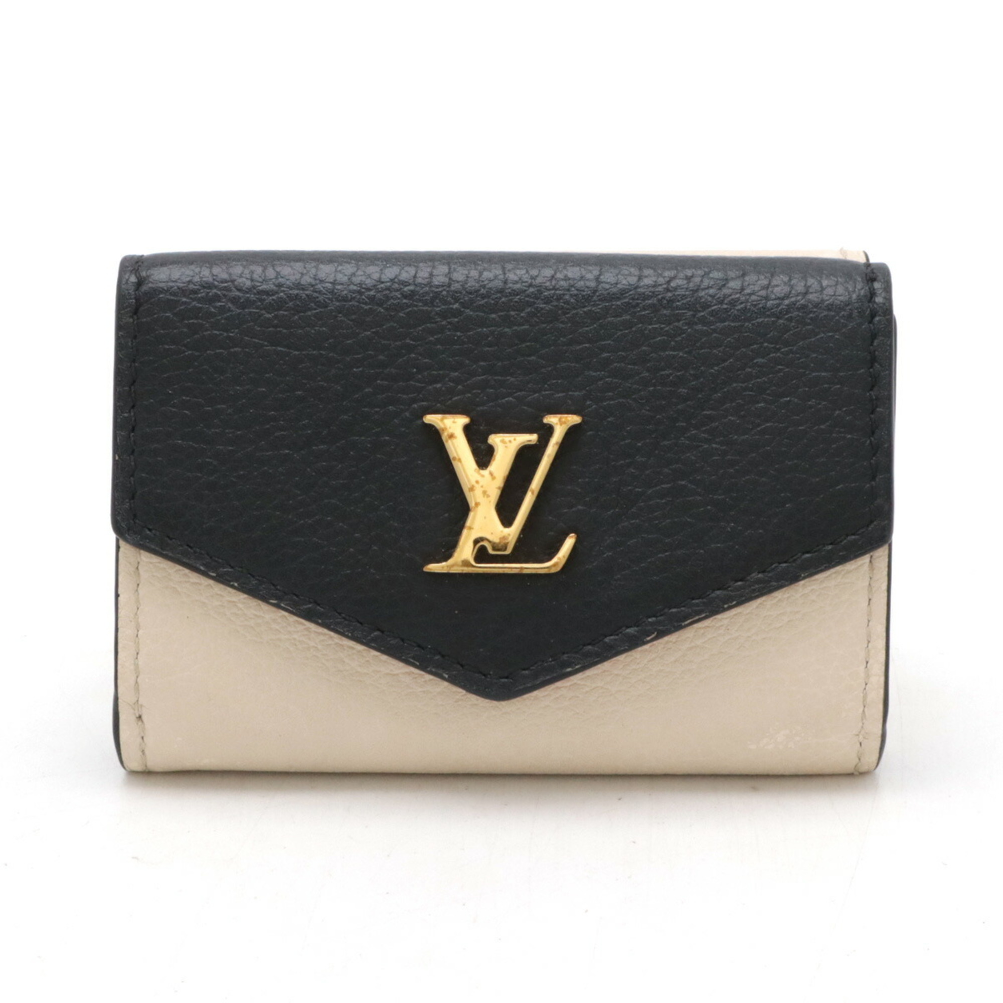 LOUIS VUITTON Louis Vuitton Portefeuille Lock Tri-fold Wallet Compact Bicolor Leather Beige Black M80984