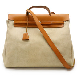 HERMES Hermes Airbag MM Handbag Shoulder Bag Toile H Leather Natural Camel Brown □B Stamp