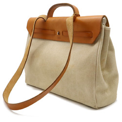 HERMES Hermes Airbag MM Handbag Shoulder Bag Toile H Leather Natural Camel Brown □B Stamp