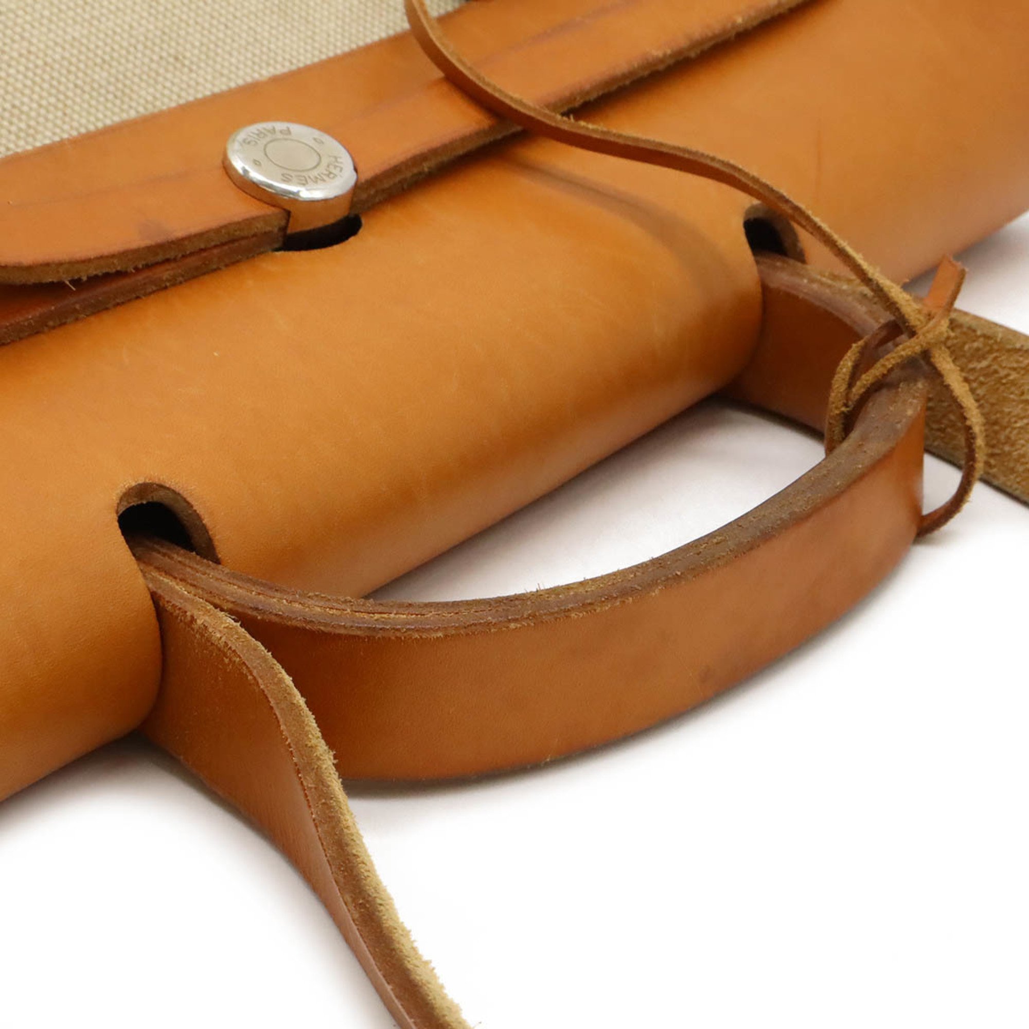 HERMES Hermes Airbag MM Handbag Shoulder Bag Toile H Leather Natural Camel Brown □B Stamp