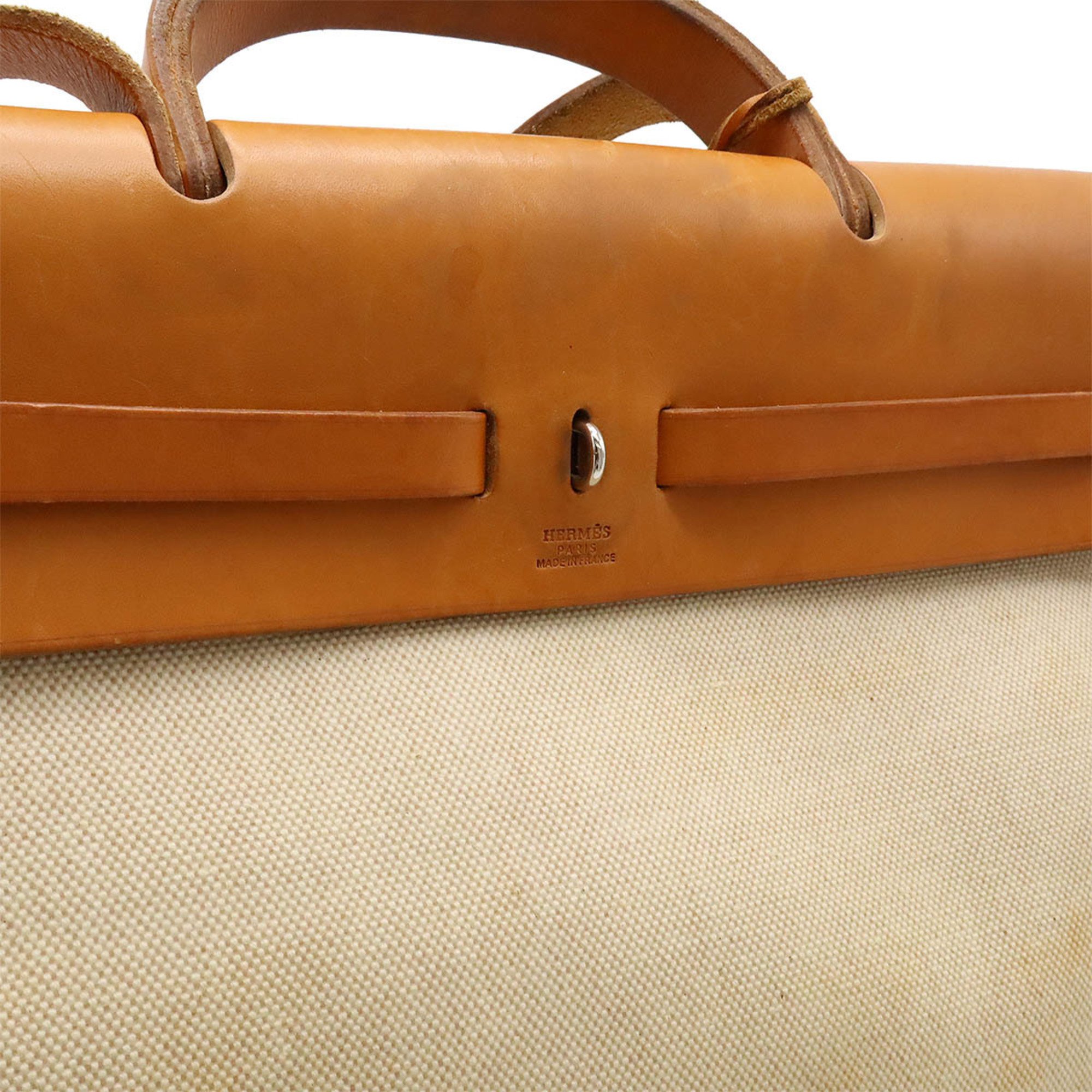 HERMES Hermes Airbag MM Handbag Shoulder Bag Toile H Leather Natural Camel Brown □B Stamp