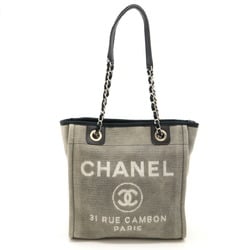 CHANEL Deauville Tote Bag Shoulder Chain Canvas Leather Gray Black A66939