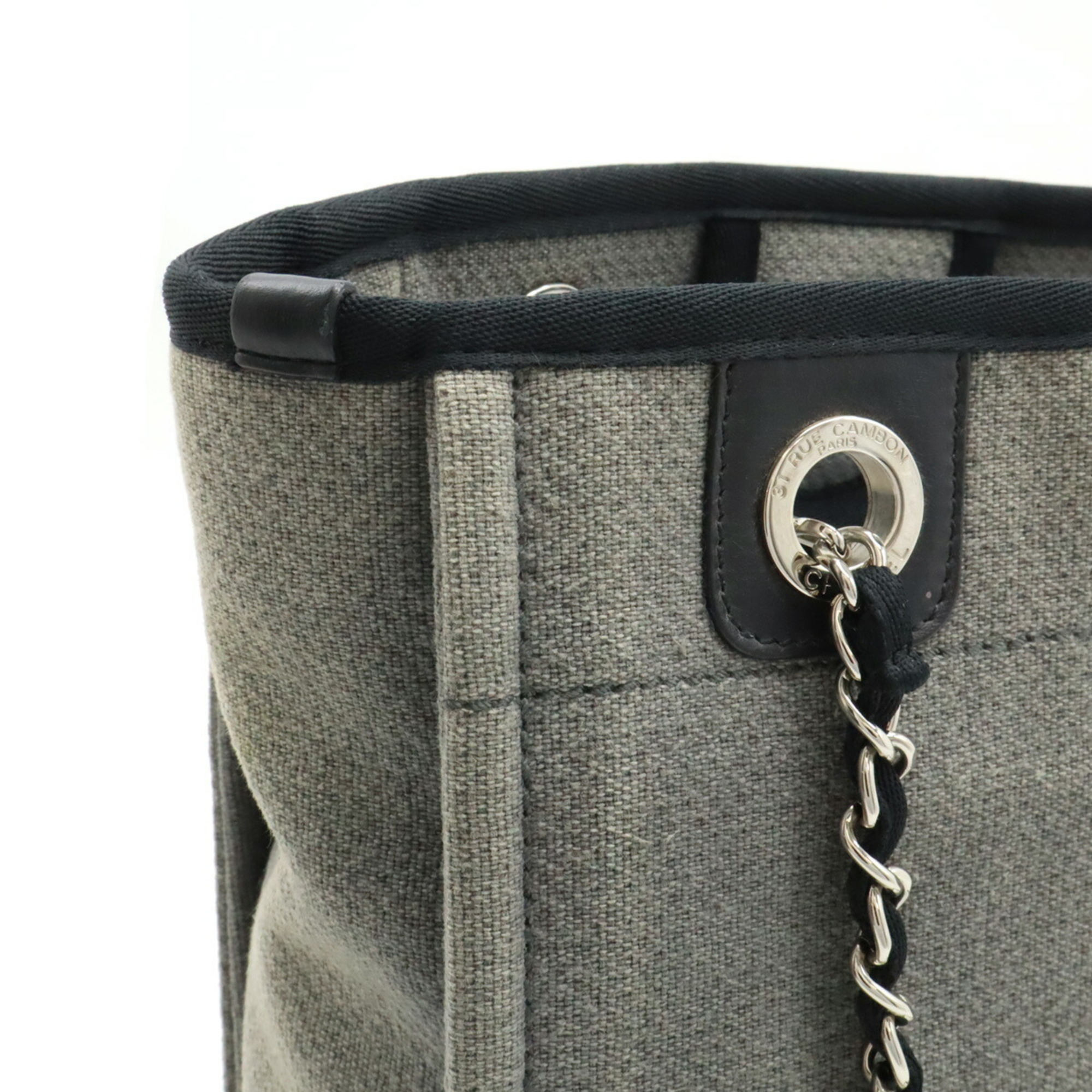 CHANEL Deauville Tote Bag Shoulder Chain Canvas Leather Gray Black A66939