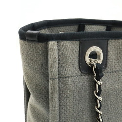 CHANEL Deauville Tote Bag Shoulder Chain Canvas Leather Gray Black A66939