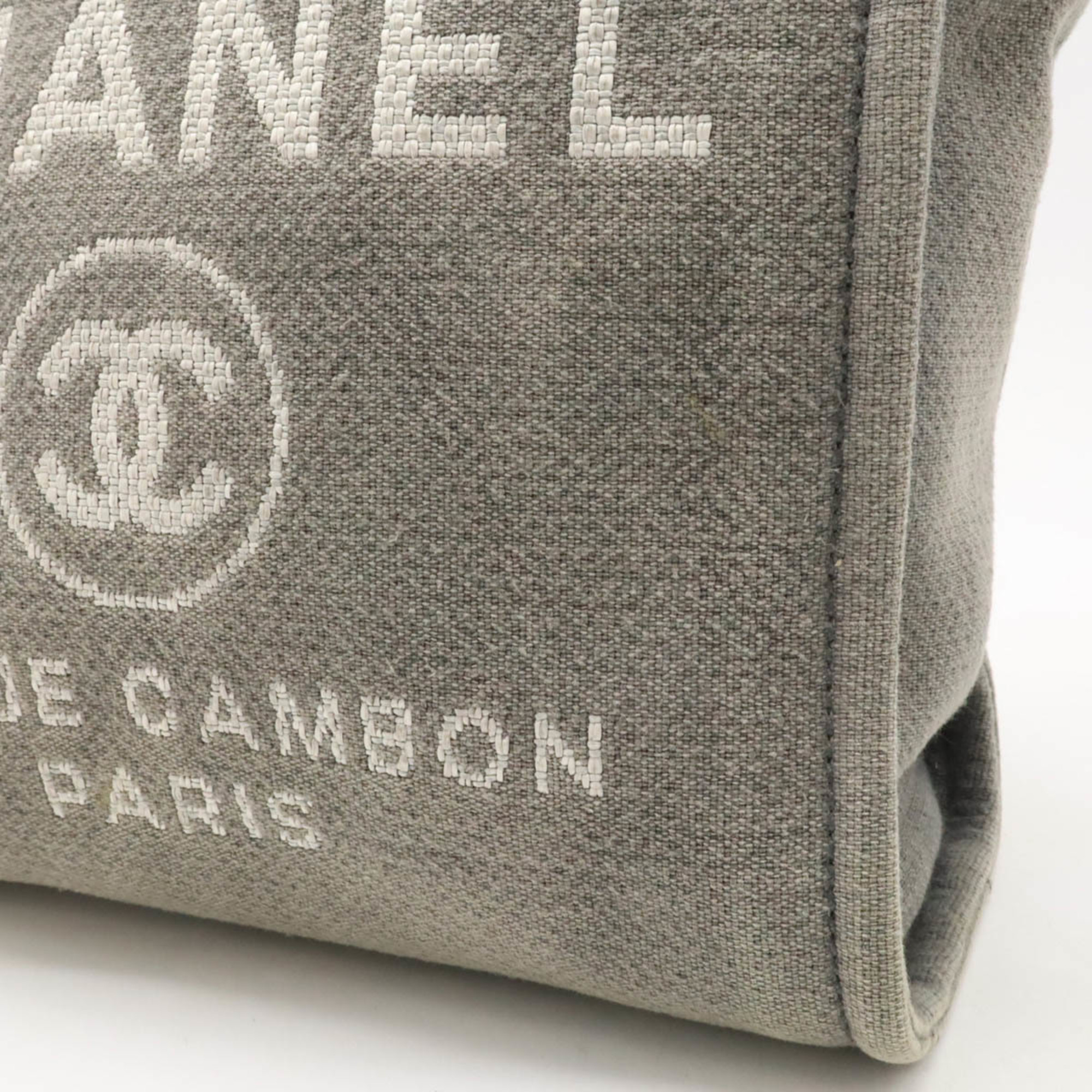 CHANEL Deauville Tote Bag Shoulder Chain Canvas Leather Gray Black A66939