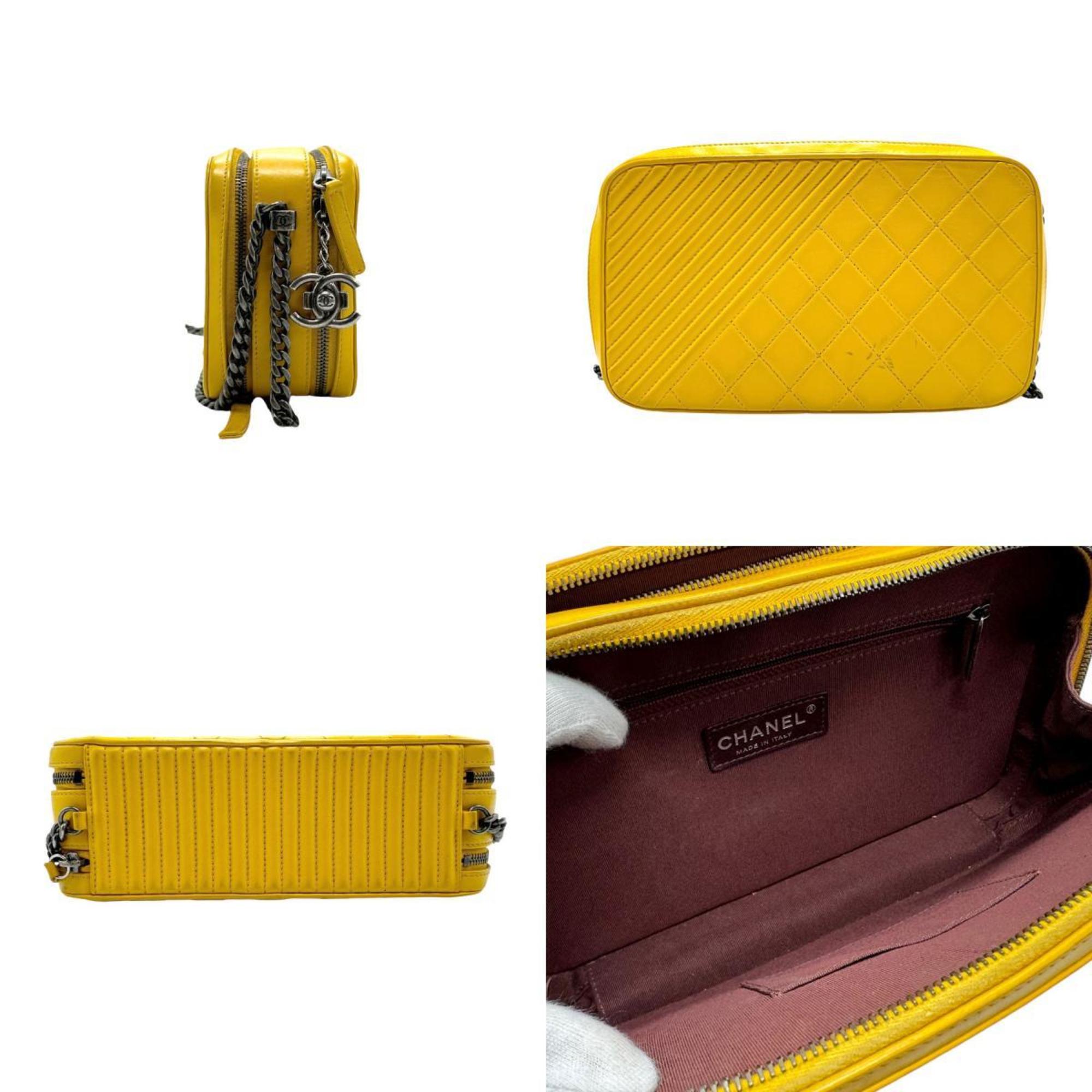 CHANEL Shoulder Bag Leather Yellow Gunmetal Women's n0467