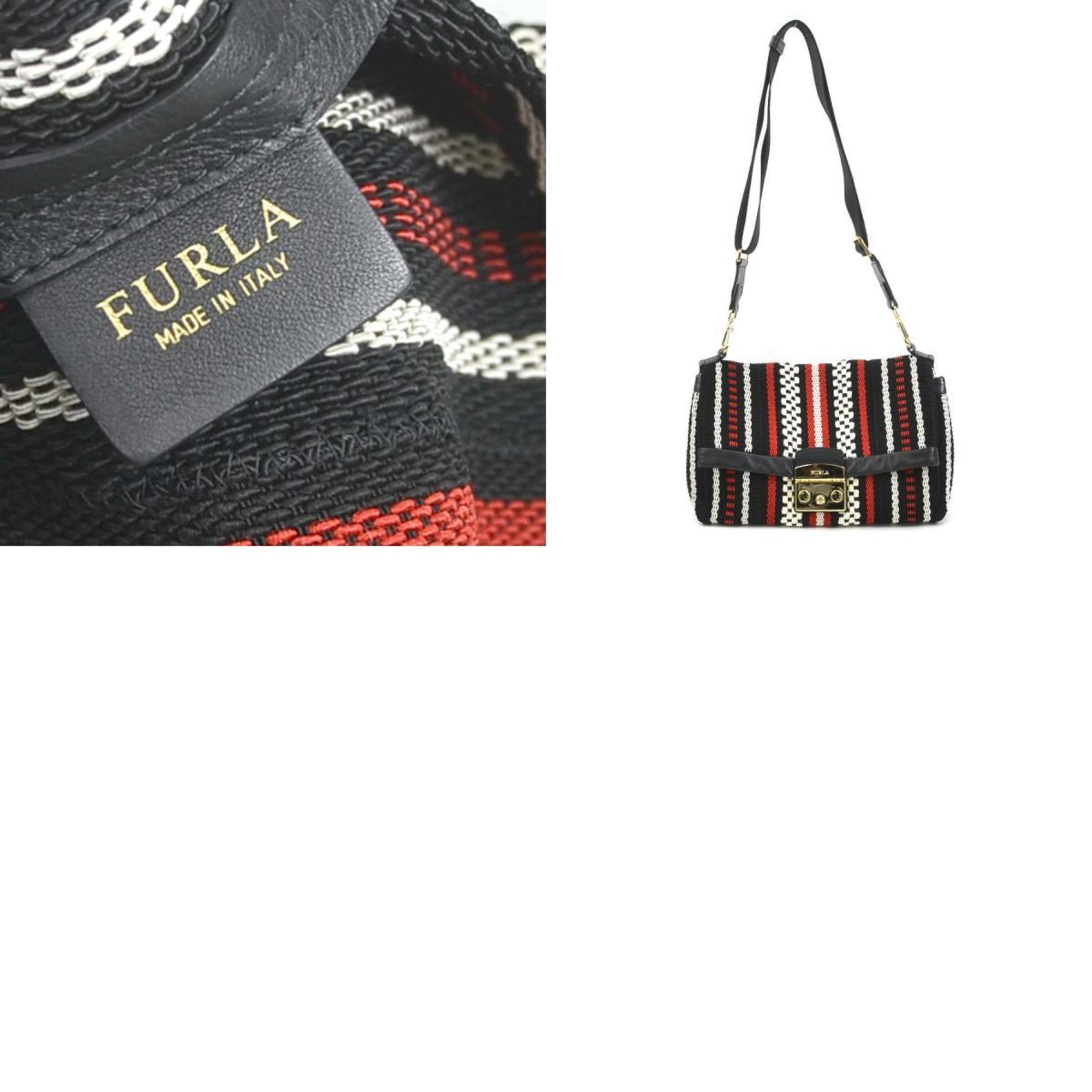 Furla Shoulder Bag Nylon Cotton Leather Black x Red Ivory Women's h30562k