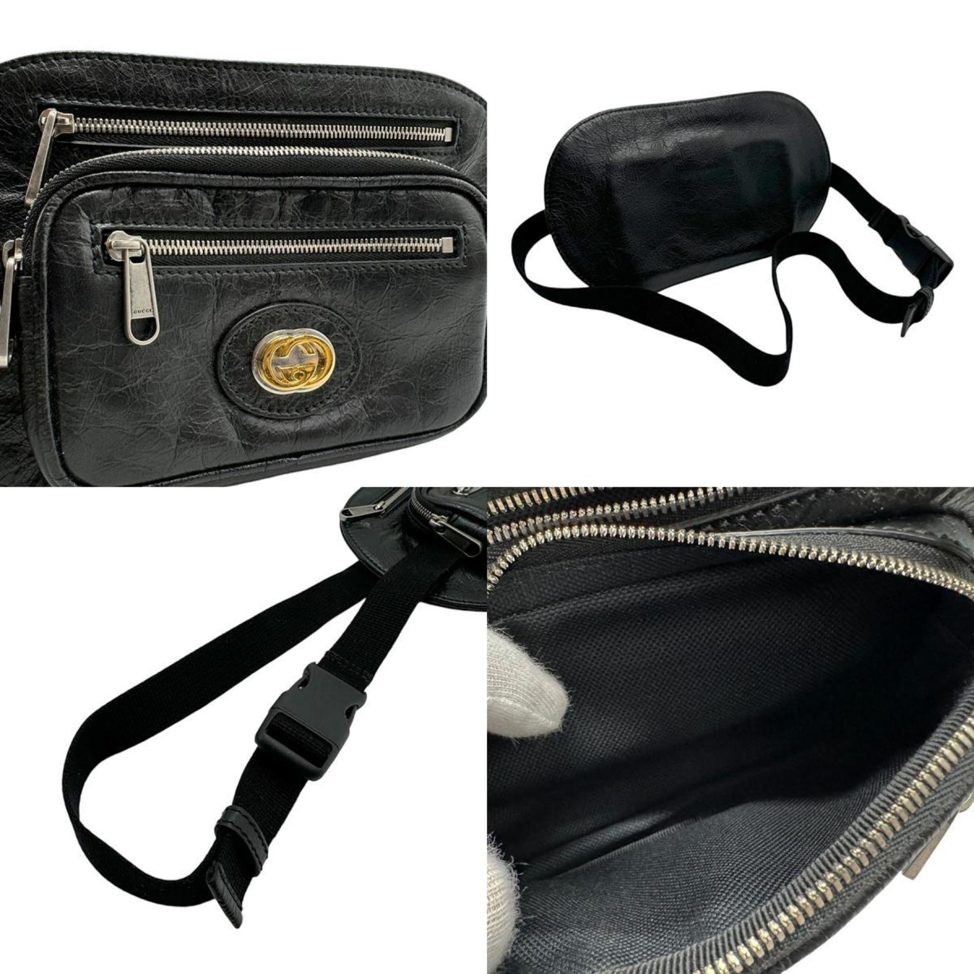 GUCCI Waist bag, belt body Interlocking G leather, black, men's and women's 575857 n0445