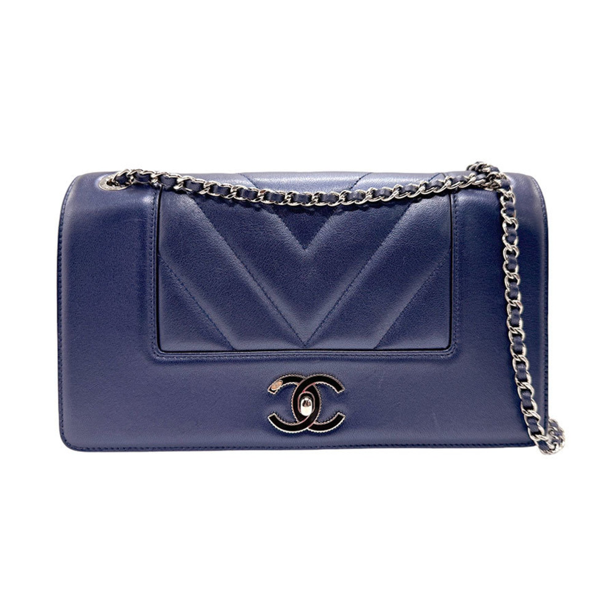 CHANEL Shoulder Bag V Stitch Lambskin Navy Silver Women's n0460