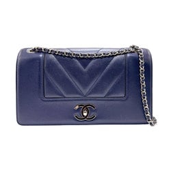 CHANEL Shoulder Bag V Stitch Lambskin Navy Silver Women's n0460