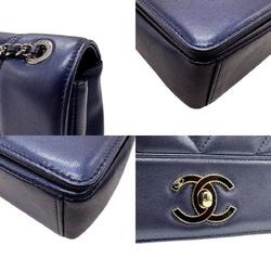 CHANEL Shoulder Bag V Stitch Lambskin Navy Silver Women's n0460