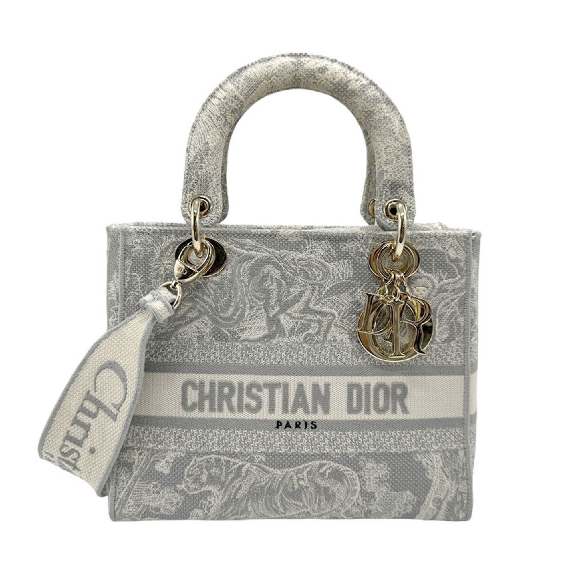 Christian Dior handbag shoulder bag Lady Delight canvas light gray off-white gold women's n0439