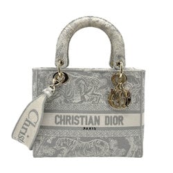 Christian Dior handbag shoulder bag Lady Delight canvas light gray off-white gold women's n0439